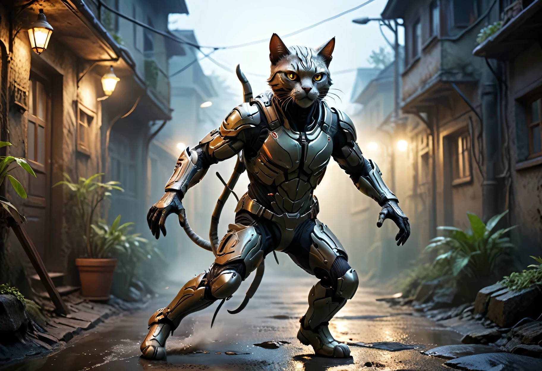 Anthropomorphic Humanoid Spy Cat in Tight Combat Suit, mysterious atmosphere, Night Vision device, slim athletic body, spy movie, active scene, clear, detailed