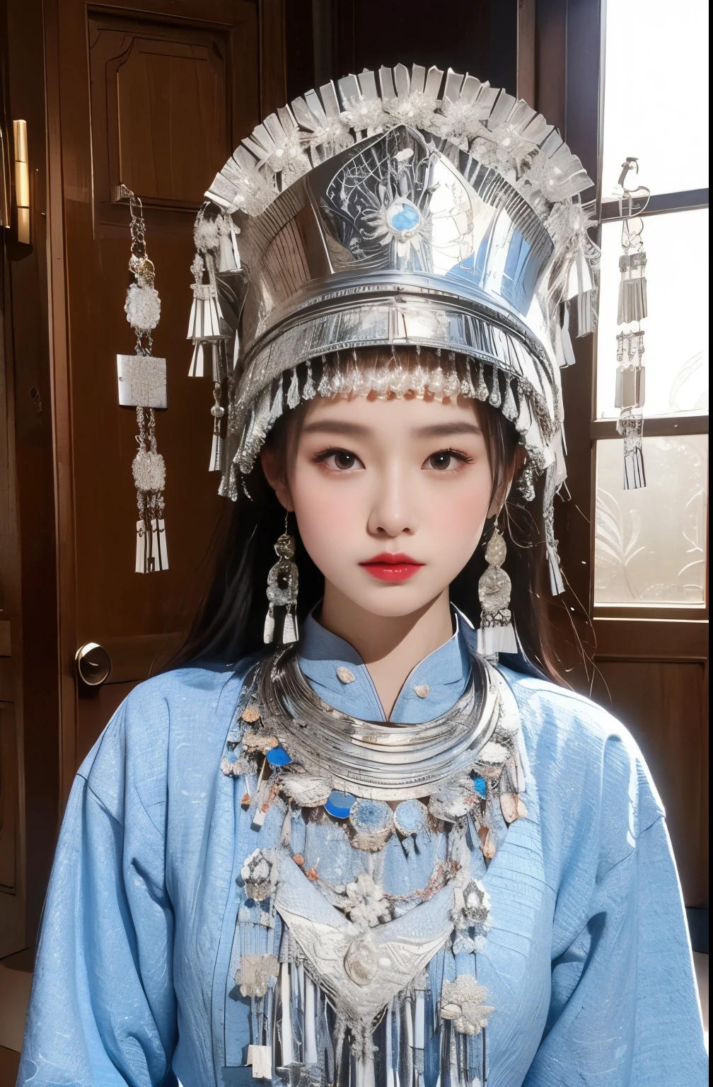 （8k，best quality，masterpiece：1.2），Ultra-high detail，Professional lighting，best quality，Ultra-high resolution，visually stunning，（1 girl：1.1），（Miao costumes and headdresses），Real human skin，（Perfect body 1.3）Super delicate face。