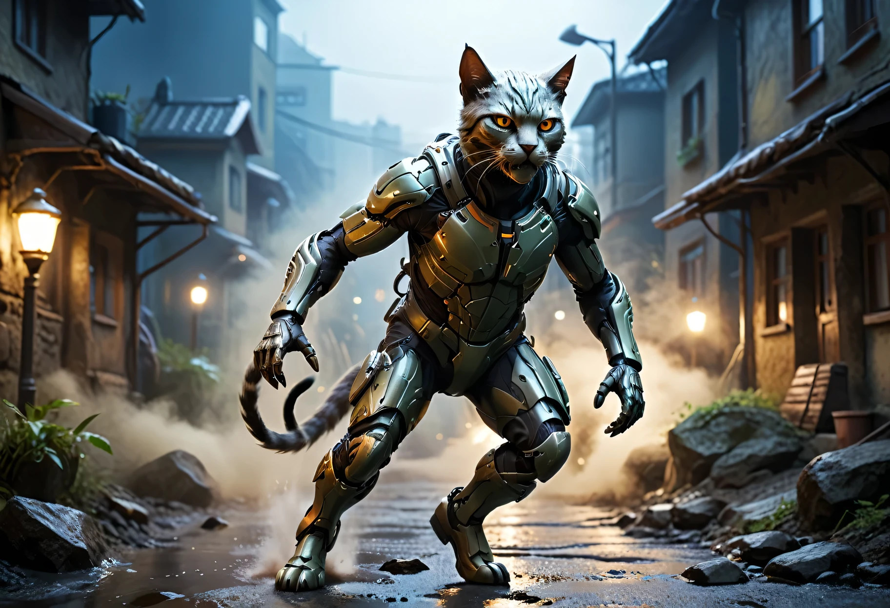 Anthropomorphic Humanoid Spy Cat in Tight Combat Suit, mysterious atmosphere, Night Vision device, slim athletic body, spy movie, active scene, clear, detailed