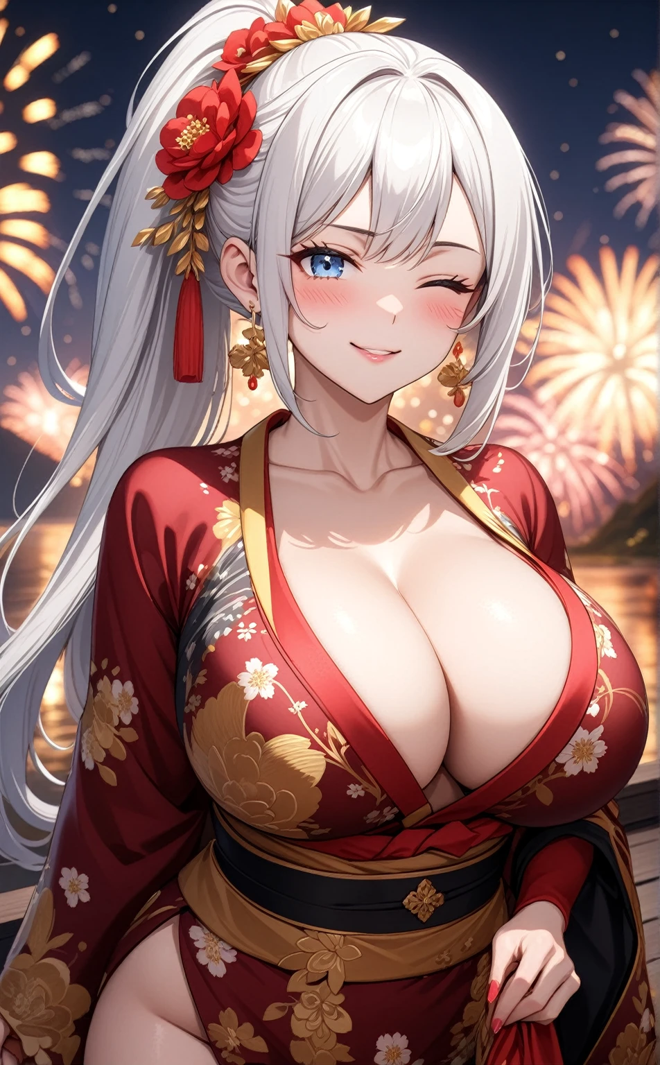 ((one personの女性)), Beautiful Face,Expressions of embarrassment and kindness,Laugh shyly,((Wink:2.0)),turn bright red,Glossy pink lips,night,Fireworks mountain,((Anime style background)),masterpiece, highest quality, so beautiful, up to date, Complex details, (Pink long nails),AI-generated, Complex,High resolution, highest quality, super high quality,3D Images、View your audience、3D Images,one person,Long white hair,High Ponytail,blue eyes,Anime woman posing for a photo, [[Fine grain、Colorful eyes、Shining Eyes:1.15]],(Squint your eyes:1.1),a hyperRealistic , hyperRealistic , Realistic,Long haired white haired anime woman, Smooth anime CG art, A woman in a colorful kimono with gold embroidery, (Black kimono),Red floral pattern,Long flower hair ornament,Big earrings,(Big Breasts:1.2),Mature Body,expensive,Big Ass,Fine details,Tight waist,Abdominal muscles,(Face close-up:1.5),