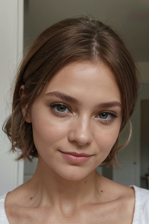 1 femme de 47ans aux yeux gris verts,cheveux bruns,maquillage naturel, Portrait de Ella Freya,regarde directement la caméra,souriante,chamante