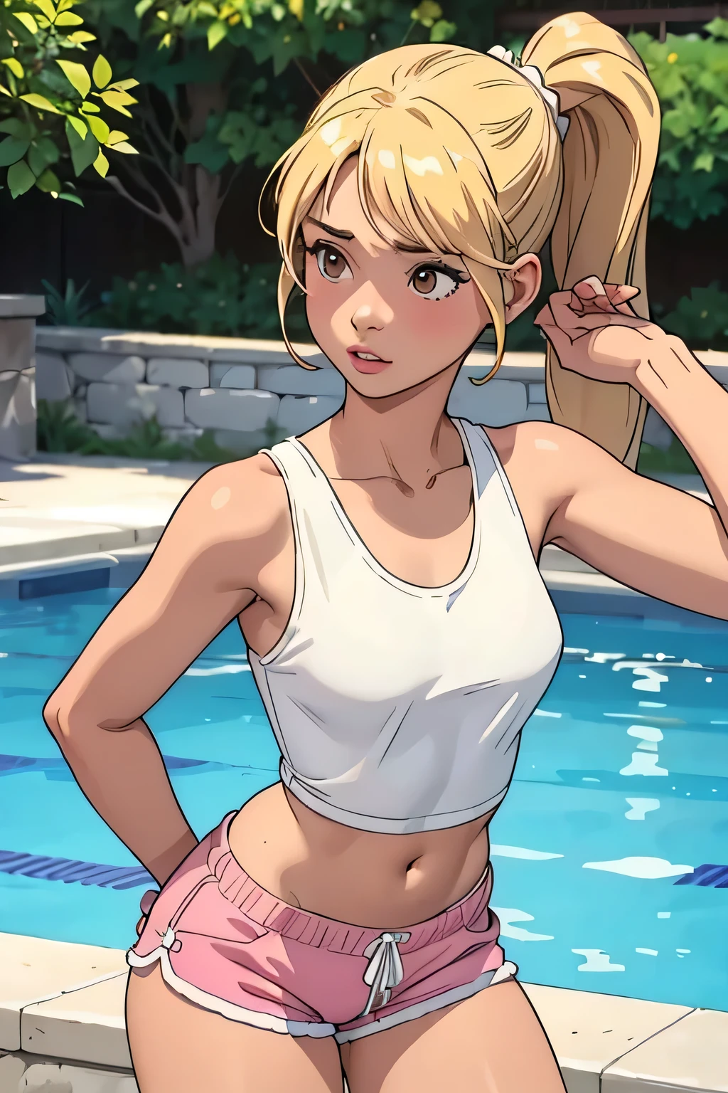 masterpiece, best quality, 1girl, poolside, long blonde hair, pony tail, tan skin, full lips, cute nose, dark brown eyes, small perky breasts, puffy areola, wide hips, pear-shaped figure, white tank top, pink dolphin shorts