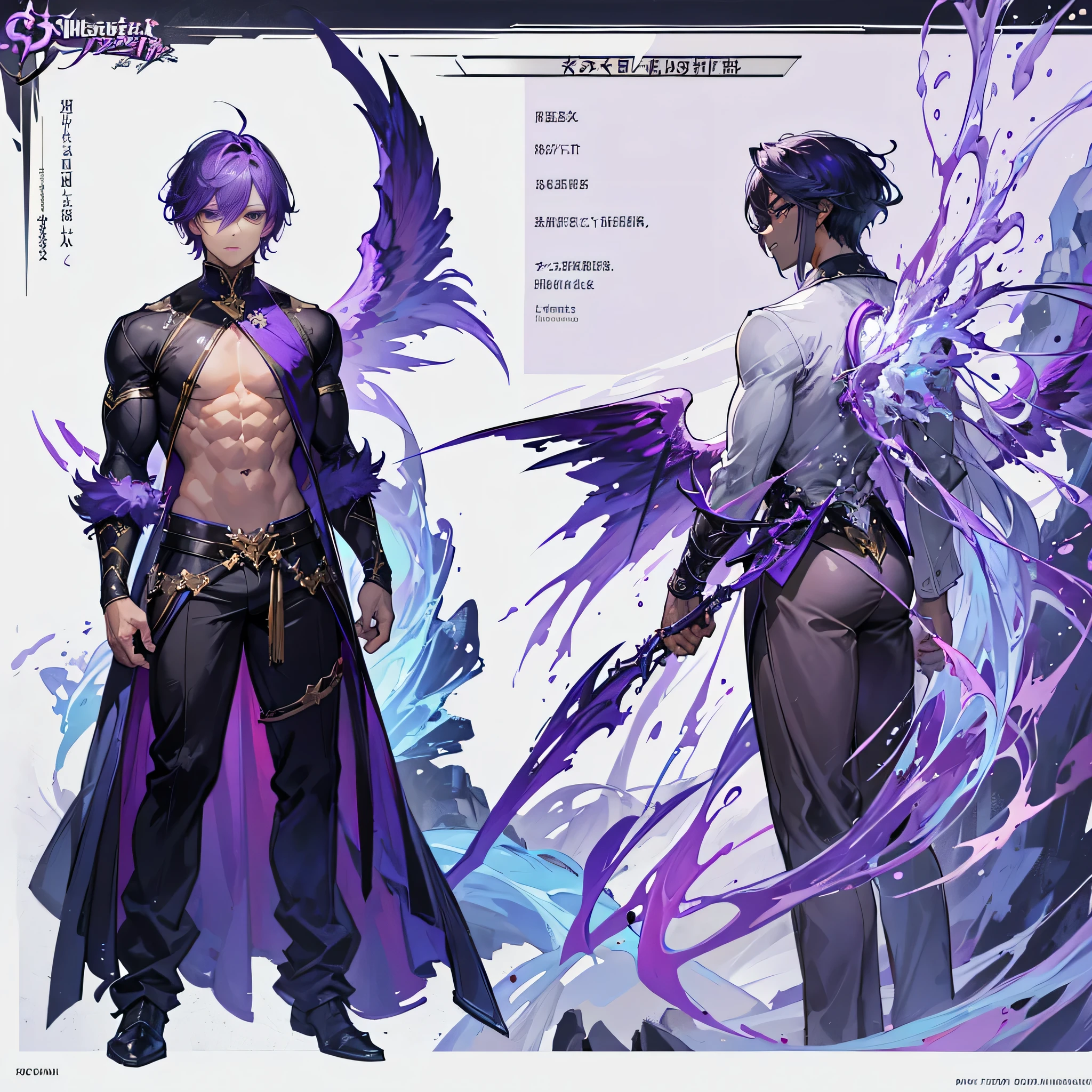 (Masterpiece, Highest quality), (Masterpiece, best quality), detailed, 1 Male, (character concept art), (character design sheet, same character, front, side, back), (masterpiece), (((best quality))), (character design sheet, same character, front, side, back), 1 Male, 1 Man, Detailed face, character design sheet，full bodyesbian, Highly detailed, character sheet, character design, Many parts, dark skin, angel wings, short purple hair, angel outfit, masculine, muscle man, male muscle, manly male, manly man, male angel, manly angel, Muscle male with purple short hair，handsome man, male angel , man tall