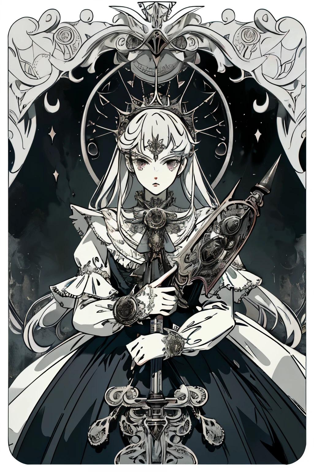 ((best quality)), ((masterpiece)), (detailed), blank white background, plain background, white background, Bloodborne inspired, occult aesthetic, occult, detailed and intricate steampunk and detailed gothic, (zentangle, mandala, tangle, entangle), NSFW, torn clothing, Very dramatic and cinematic lighting, cosmic horror, grim-dark, side-lighting, perfect face, a beautiful goddess adorned and enshrined in armour, Bloodborne inspired , occult aesthetic , occult , detailed and intricate steampunk and detailed gothic , wielding a sword and holding a shield, NSFW, Fluttering lace flared long knee length dress with frilly petticoats, knee length dress, pleated petticoats, ta dress, petticoats gothic loliside-lighting, gothic lolita aetic, beautiful small breasts, small breasts, full body, whole body, body, plain background, white background, blank background, no background, white background NSFW, full body, whole body, head-to-toe