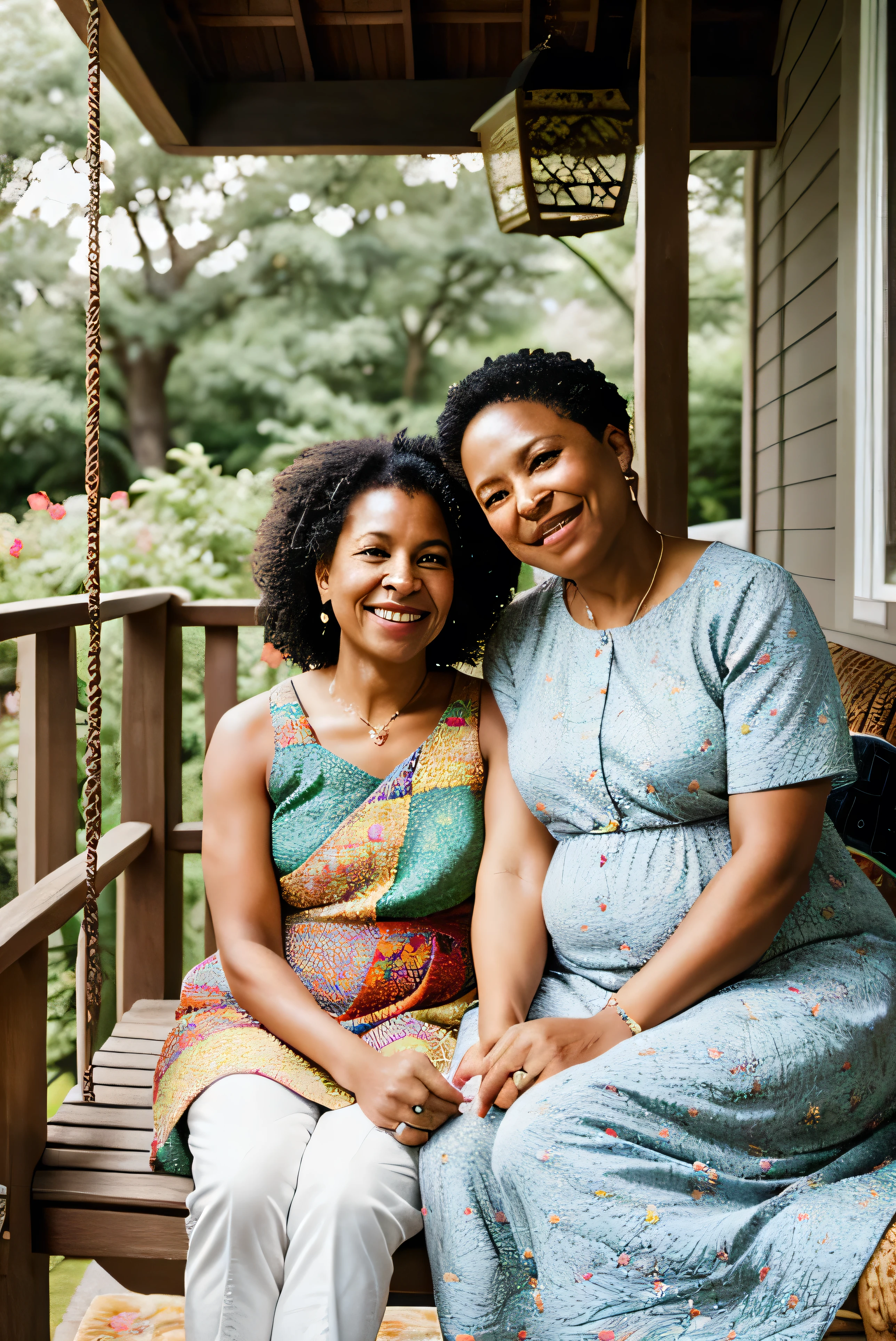 African American grandmother with grey Afro hair and mixed race middle-aged granddaughter on a porch swing, lush greenery, colorful flowers, storytelling moment, passing down wisdom, handmade quilt, intergenerational connection, cultural richness, warm sunlight, golden glow, serene atmosphere, family bonds, shared history, lifelike skin tones, realistic portrait, diverse representation, intricate textures.