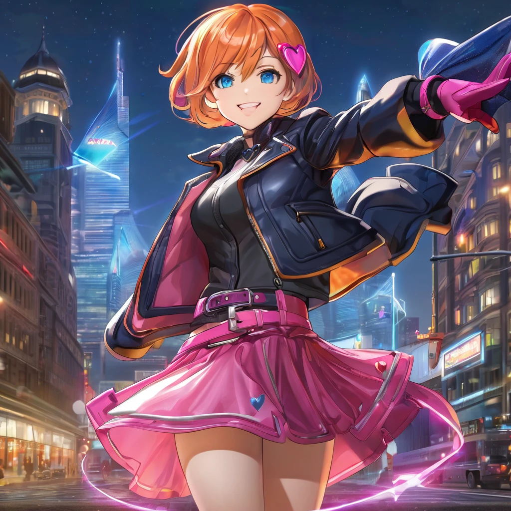 1girl,cowboy shot, beautiful nora_valkyrie, looking at viewer, smile, short hair, blue eyes,heart cutout, gloves, jacket, pink skirt, pink belt, short sleeves, puffy sleeves, single armband, fingerless gloves, orange hair, pink gloves, dynamic pose, night, outdoors, city, (volumetric lighting), best quality, masterpiece, intricate details, tonemapping, sharp focus, hyper detailed, trending on Artstation