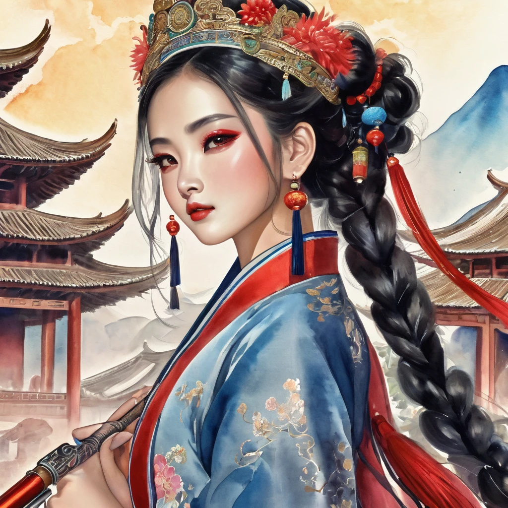 Best quality, masterpiece, super detailed high resolution, (realistic: 1.4), watercolor style, illustration, dazzling background color,, 1 Girl Holding Weapon, (Solo Exhibition: 1.2), (Denim Lens: 1.2), (Hair Crown: 1.2), Chinese Dunhuang Traditional Costume, No Straps, (Red Eyeliner: 1.2), (: 1.4), Earrings, Dynamic Angle, Opera House, messy_long_hair, Ink, Movie Lights, lens_flare, Velvet, Chrysanthemum, Tassels, Ribbons, Color Embroidery,