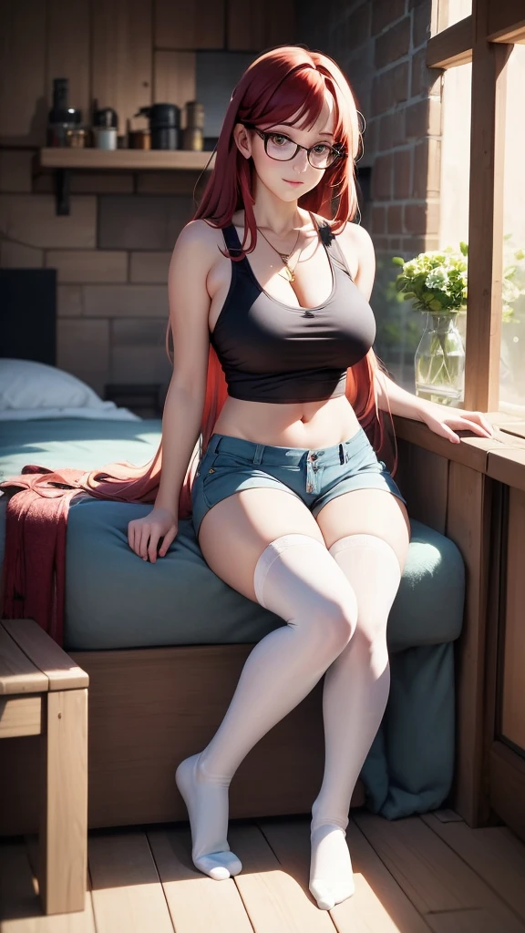 red haired woman dressed with socks, shorts and a tank top sitting in a chair, 1girl, indoors, solo, glasses, thighhighs, long hair, shorts, jewelry, white thighhighs