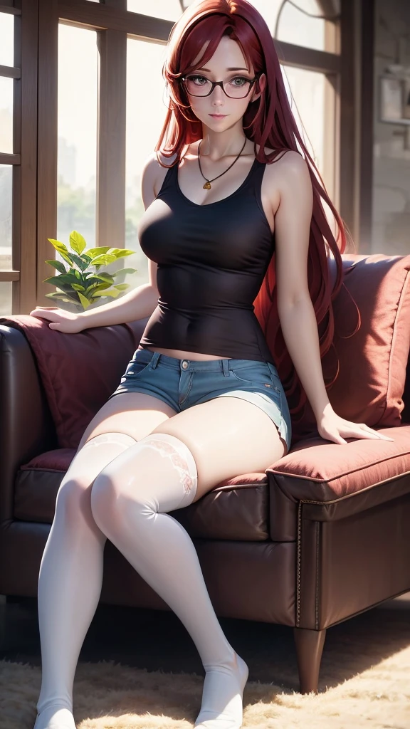 red haired woman dressed with socks, shorts and a tank top sitting in a chair, 1girl, indoors, solo, glasses, thighhighs, long hair, shorts, jewelry, white thighhighs