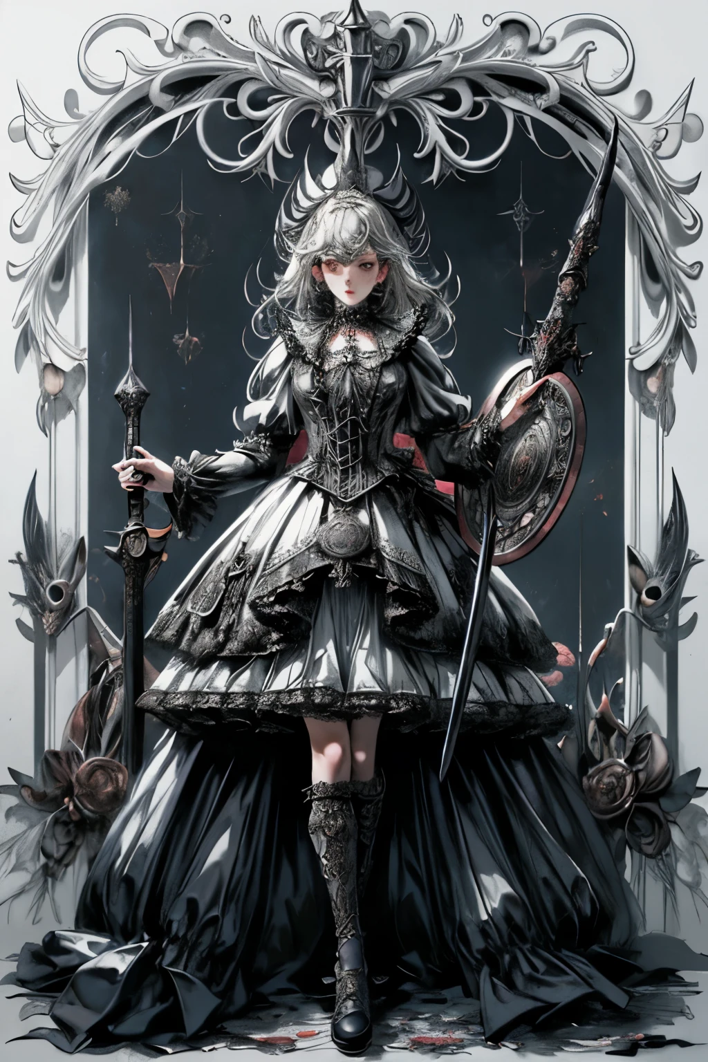 ((best quality)), ((masterpiece)), (detailed), blank white background, plain background, white background, Bloodborne inspired,  occult aesthetic, occult, detailed and intricate steampunk and detailed gothic, (zentangle, mandala, tangle, entangle),  NSFW, torn clothing, Very dramatic and cinematic lighting, cosmic horror, grim-dark, side-lighting, perfect face, a beautiful goddess adorned and enshrined in armour, Bloodborne inspired , occult aesthetic , occult , detailed and intricate steampunk and detailed gothic , wielding a sword and holding a shield, NSFW, Fluttering lace flared long knee length dress with frilly petticoats, knee length dress, pleated petticoats, lolita dress, petticoats gothic lolita, side-lighting, gothic lolita aesthetic, beautiful small breasts, small breasts, full body, whole body, body, plain background, white background, blank background, no background, white background NSFW, full body, whole body, head-to-toe