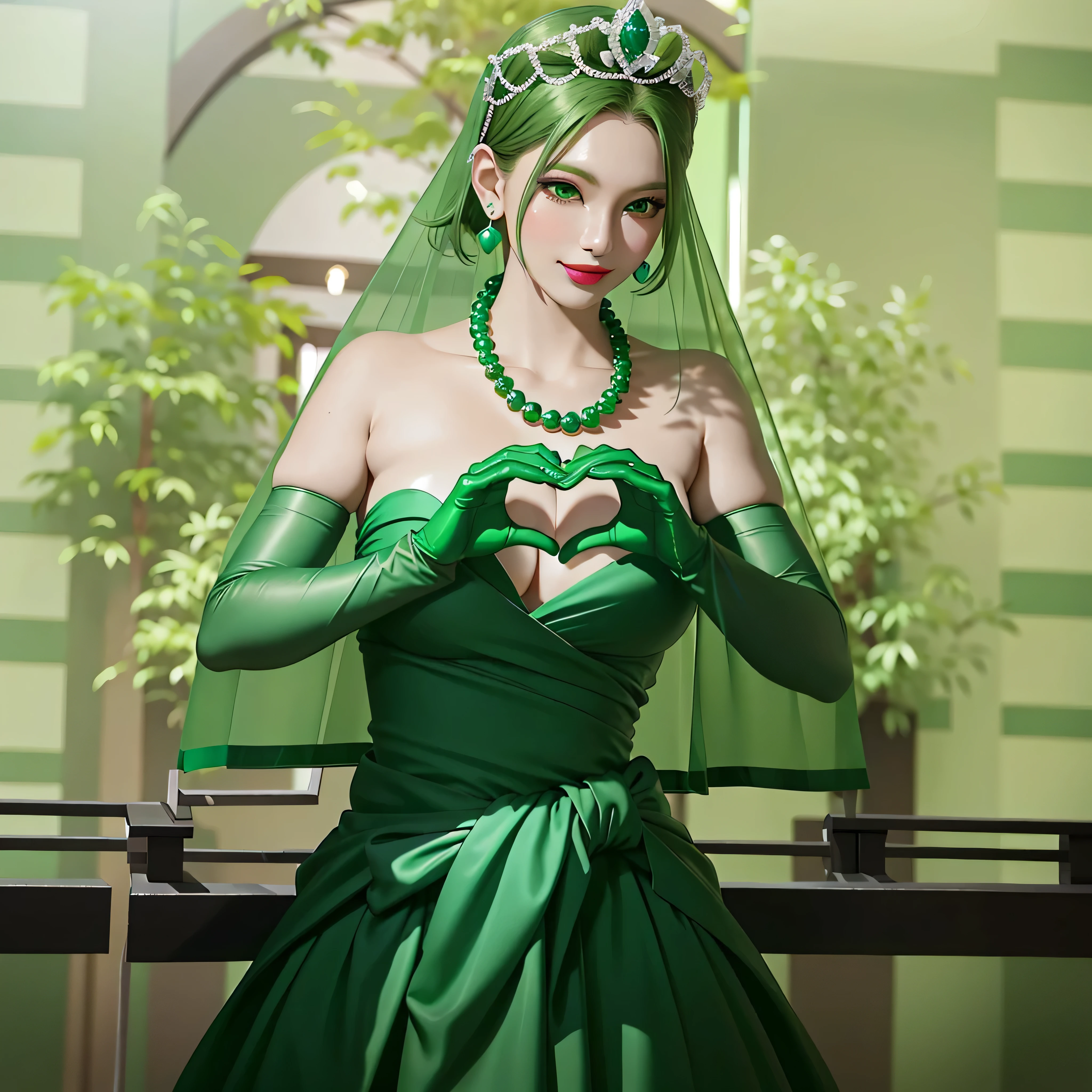 Emerald tiara, Green Pearl Necklace, Boyish very short green hair, Green Lips, Smiling Japanese woman, Very short hair, beautiful lady, Green Eyes, Green satin long gloves, Green Eyes, Emerald Earrings, Green Veil, Heart with both hands, Green Hair, Beautiful Japanese Woman, Heart shaped hands:1.3, green lip gloss