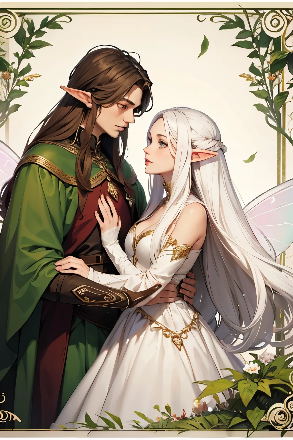 an elf couple , the woman has long white hair and the man has short brown hair, both with fairy wings