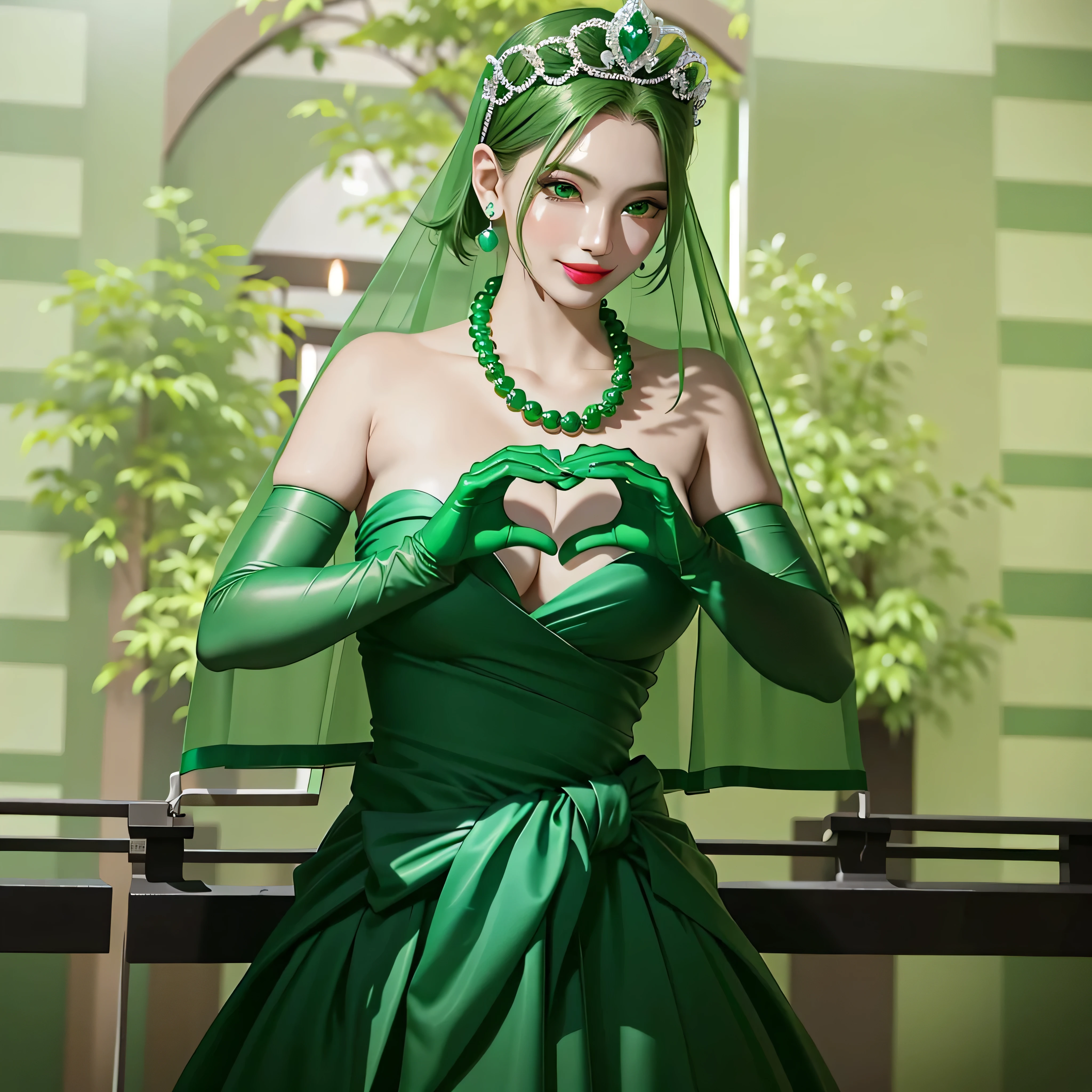 Emerald tiara, Green Pearl Necklace, Boyish very short green hair, Green Lips, Smiling Japanese woman, Very short hair, Busty beautiful lady, Green Eyes, Green satin long gloves, Green Eyes, Emerald Earrings, Green Veil, Heart with both hands, Green Hair, Beautiful Japanese Woman, Heart shaped hands:1.3, green lip gloss