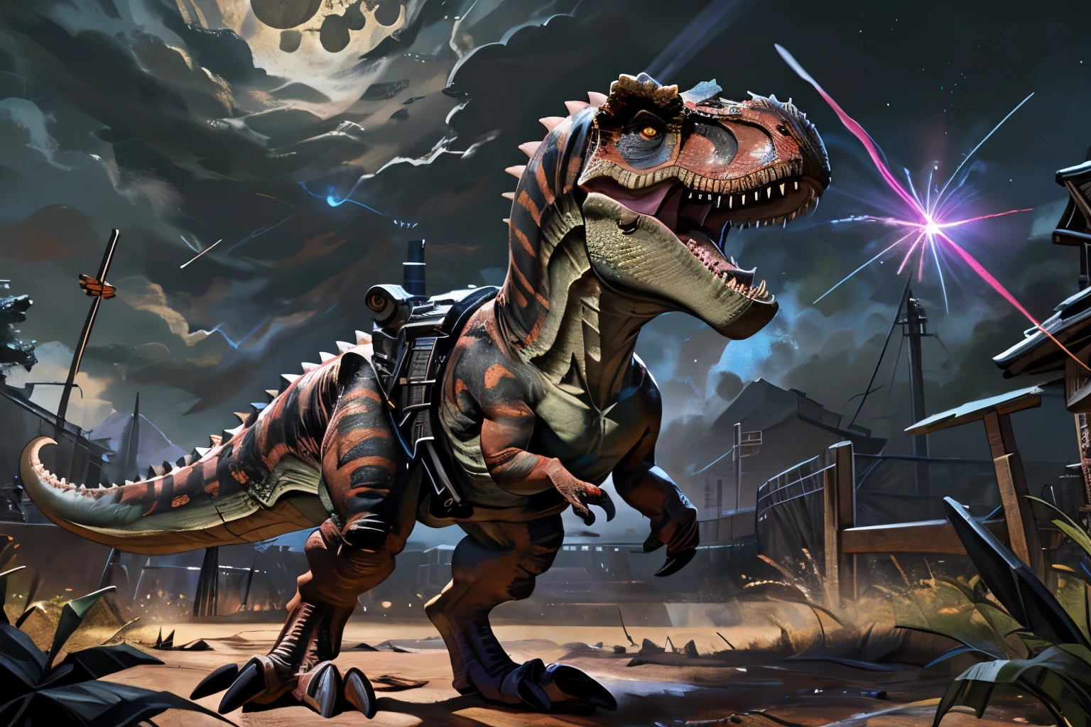 (((dinosaur character, full body, cinematic setting, lizard male))), futuristic armor, Here I come, drop your jaws to the floor I'm riding on my (((mighty laser-shooting dinosaur))) Here we come, can you hear him roar? Prepare for epic fight and his (((laser missiles))) The sound is boom, boom, boom for every time a goblin dies Let's sing now, here we go, hear my battle cries (((Made of metal))) from the moon Assembled by samurai His battery gets charged by thunderstorm With most advanced AI Devouring trolls and unicorns From his maw there comes a flame Burning away our enemies And therefore we proclaim BREAK, detailed background of warzone, 8K, (masterpiece:1.5), intricate details, highly detailed, extreme detail, octane render, fine art, best quality, highres, (detailed face:1.5), ((full_body)), UHD, (((perfect hands))), low light