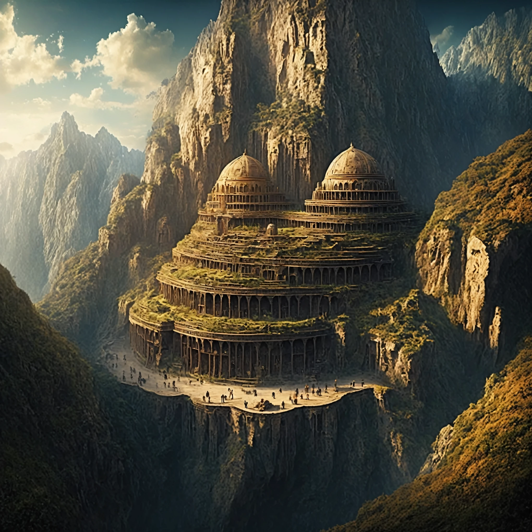 there is a large building that is built into the side of a mountain, intricate matte painting, matte painting of human mind, digital matte painting, ancient yet futuristic, elaborate matte painting, hyperdetailed 3d matte painting, hyperdetailed 3 d matte painting, extravagant matte painting, epic matte painting, epic cinematic matte painting, matte painting concept art, giant tomb structures