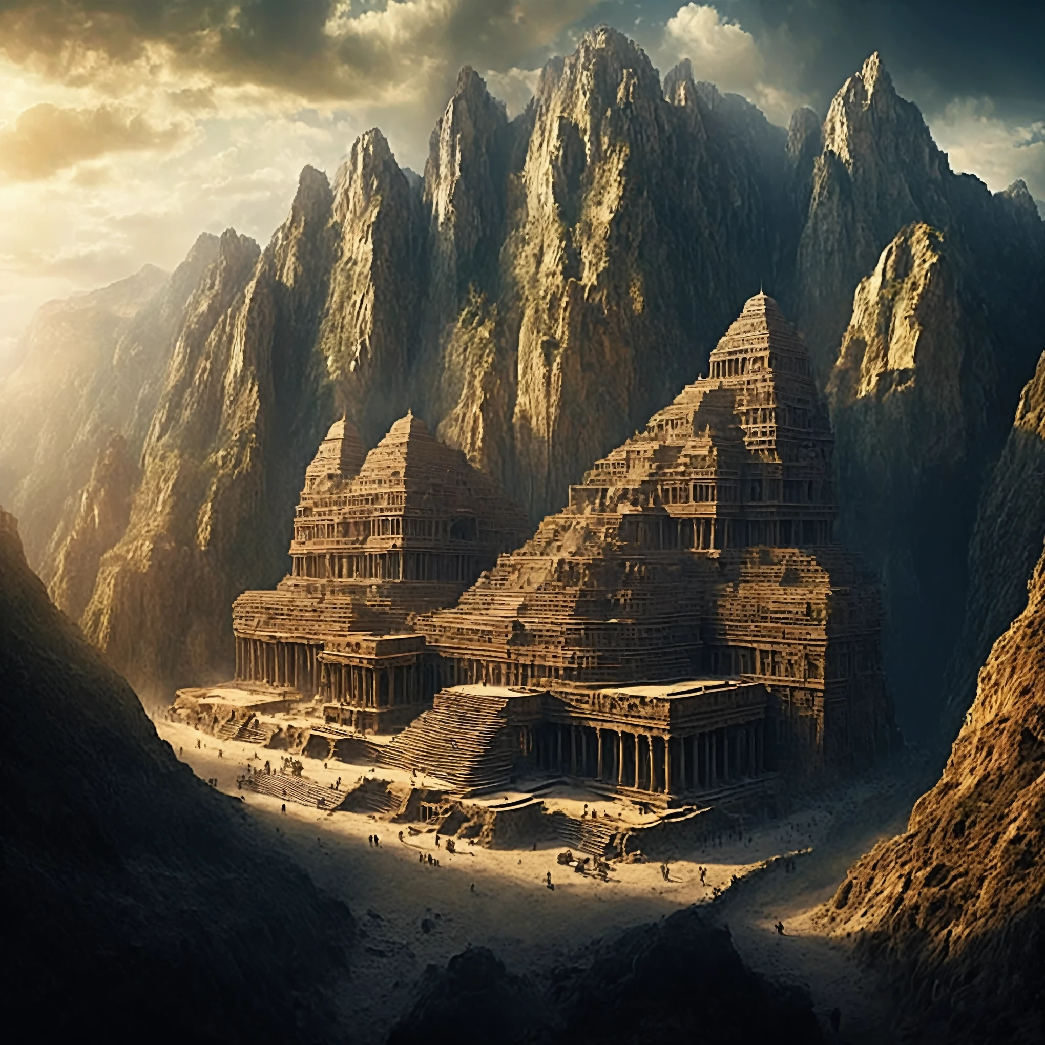 there is a large building that is built into the side of a mountain, intricate matte painting, matte painting of human mind, digital matte painting, ancient yet futuristic, elaborate matte painting, hyperdetailed 3d matte painting, hyperdetailed 3 d matte painting, extravagant matte painting, epic matte painting, epic cinematic matte painting, matte painting concept art, giant tomb structures