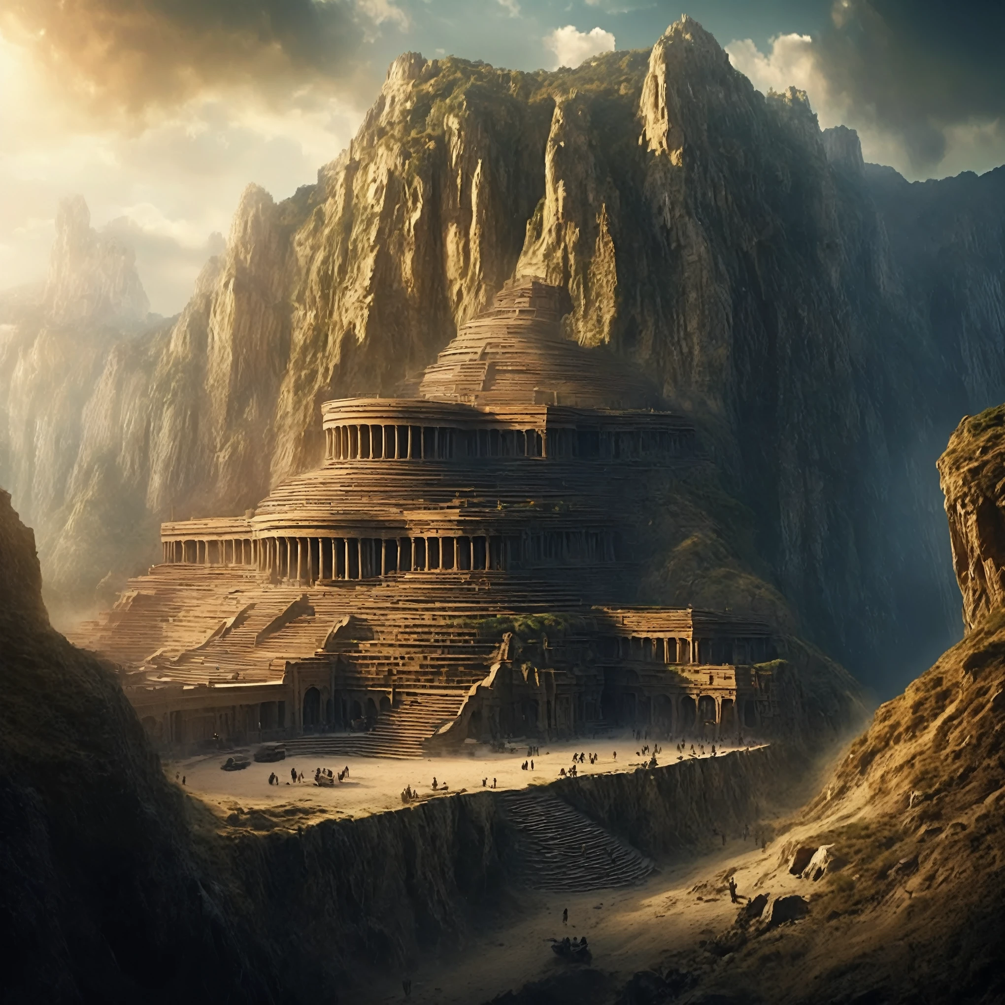 there is a large building that is built into the side of a mountain, intricate matte painting, matte painting of human mind, digital matte painting, ancient yet futuristic, elaborate matte painting, hyperdetailed 3d matte painting, hyperdetailed 3 d matte painting, extravagant matte painting, epic matte painting, epic cinematic matte painting, matte painting concept art, giant tomb structures