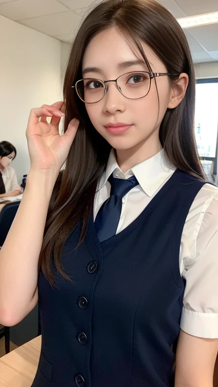 Medium Hair、Waving Hair、、Age 25、Intelligent married woman、Beautifully detailed hair、Beautiful and detailed brown eyes、Brown shiny hair tied back tightly、beautiful flat chest、Beautiful, clear skin、Medium chest、Intellectual glasses、Office worker uniform、Dress shirt with a plain navy blue vest、Woman's wedding ring on the ring finger of her left hand、紺色の膝下丈くらいのOffice worker uniformのペンシルスカート、Embarrassed face,surprise,I'm happy and embarrassed