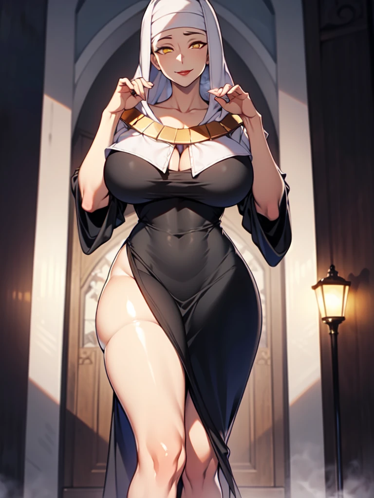 (masterpiece:1.2), aesthetic, best quality, high resolution, unity 8k wallpaper, (illustration), extremely detailed face, perfect lighting, extremely detailed CG, (beautiful detailed eyes:1.2), 1girl, solo, KIARA, nun, habit, golden eyes,  beautiful nose, beautiful nostrils, dark red lipstick, black dress, standing, slender, curvy, Neck, collarbone, cleavage, saggy huge breasts, full body shot, church, Thigh slits, Fishnet tights, crimson stiletto heels, looking at viewer, mature woman, pervert smile, Giggling creepily, Dutch angle, from below, perfect anatomy, ideal facial features, ideally proportioned figure, perfectly beautiful body, honey-colored glistening skin, super detailed skin, glossy skin, incredibly absurd res, absolutely resolution, ultra high res, 