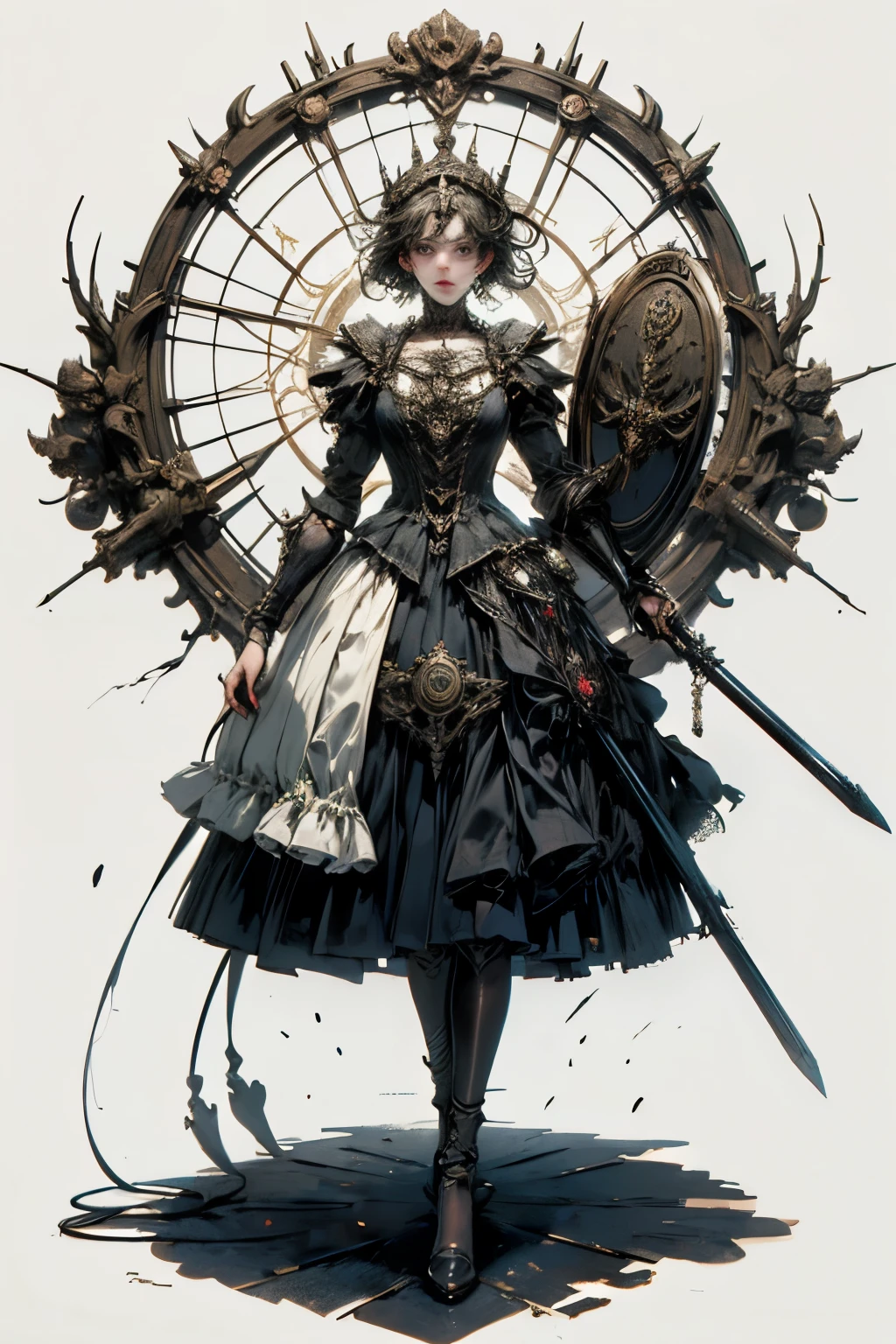 ((best quality)), ((masterpiece)), (detailed), perfect face ((best quality)), ((masterpiece)), (detailed), blank white background, plain background, white background, Bloodborne inspired, occult aesthetic, occult, detailed and intricate steampunk and detailed gothic, (zentangle, mandala, tangle, entangle), NSFW, torn clothing, Very dramatic and cinematic lighting, cosmic horror, grim-dark, side-lighting, perfect face, a beautiful goddess adorned and enshrined in armour, Bloodborne inspired , occult aesthetic , occult , detailed and intricate steampunk and detailed gothic , wielding a sword and holding a shield, NSFW, Fluttering lace flared long knee length dress with frilly petticoats, knee length dress, pleated petticoats, ta dress, petticoats gothic loliside-lighting, gothic lolita aetic, beautiful small breasts, small breasts, full body, whole body, body, plain background, white background, blank background, no background, white background NSFW, full body, whole body, head-to-toe