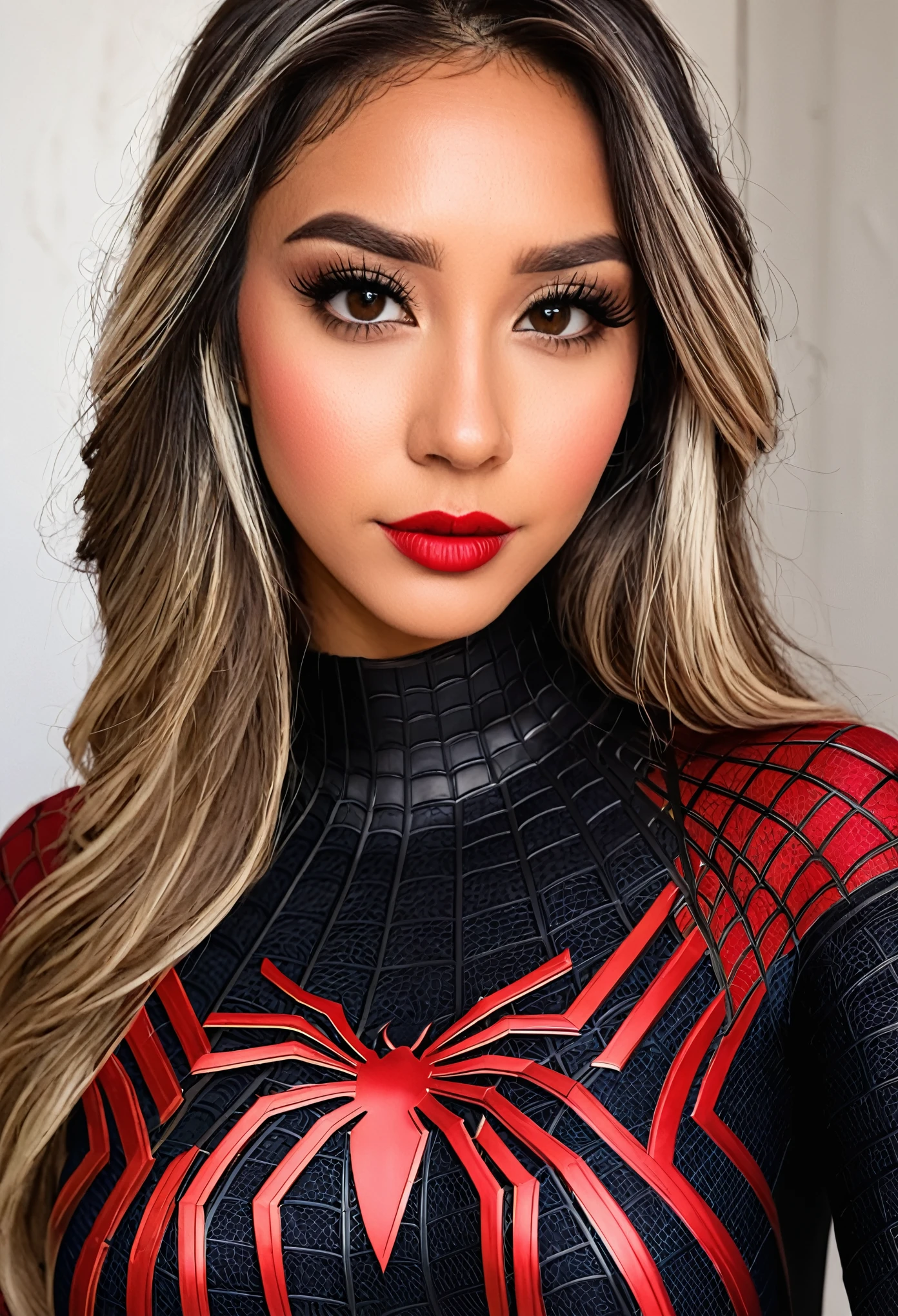 Girl with thick, dark brown hair with a lock of blonde hair, brown and almond eyes, con traje de spiderman negro y rojo