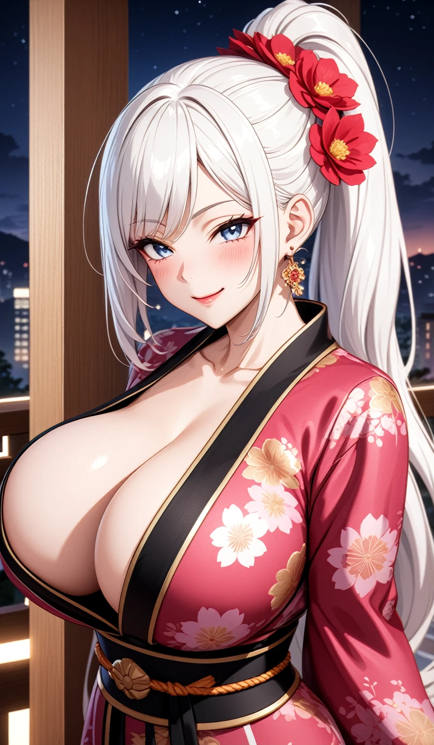 ((one personの女性)), Beautiful Face,Expressions of embarrassment and kindness,Laugh shyly,((Wink:2.0)),turn bright red,Glossy pink lips,night,Luxurious Japanese-style room,night景,((Anime style background)),masterpiece, highest quality, so beautiful, up to date, Complex details, (Pink long nails),AI-generated, Complex,High resolution, highest quality, super high quality,3D Images、View your audience、3D Images,one person,Long white hair,High Ponytail,blue eyes,Anime woman posing for a photo, [[Fine grain、Colorful eyes、Shining Eyes:1.15]],(Squint your eyes:1.1),a hyperRealistic , hyperRealistic , Realistic,Long haired white haired anime woman, Smooth anime CG art, A woman in a colorful kimono with gold embroidery, (Black kimono),Red floral pattern,Long flower hair ornament,Big earrings,(Big Breasts:1.2),Mature Body,expensive,Big Ass,Fine details,Tight waist,Abdominal muscles,(Face close-up:1.5),Hands on pillars