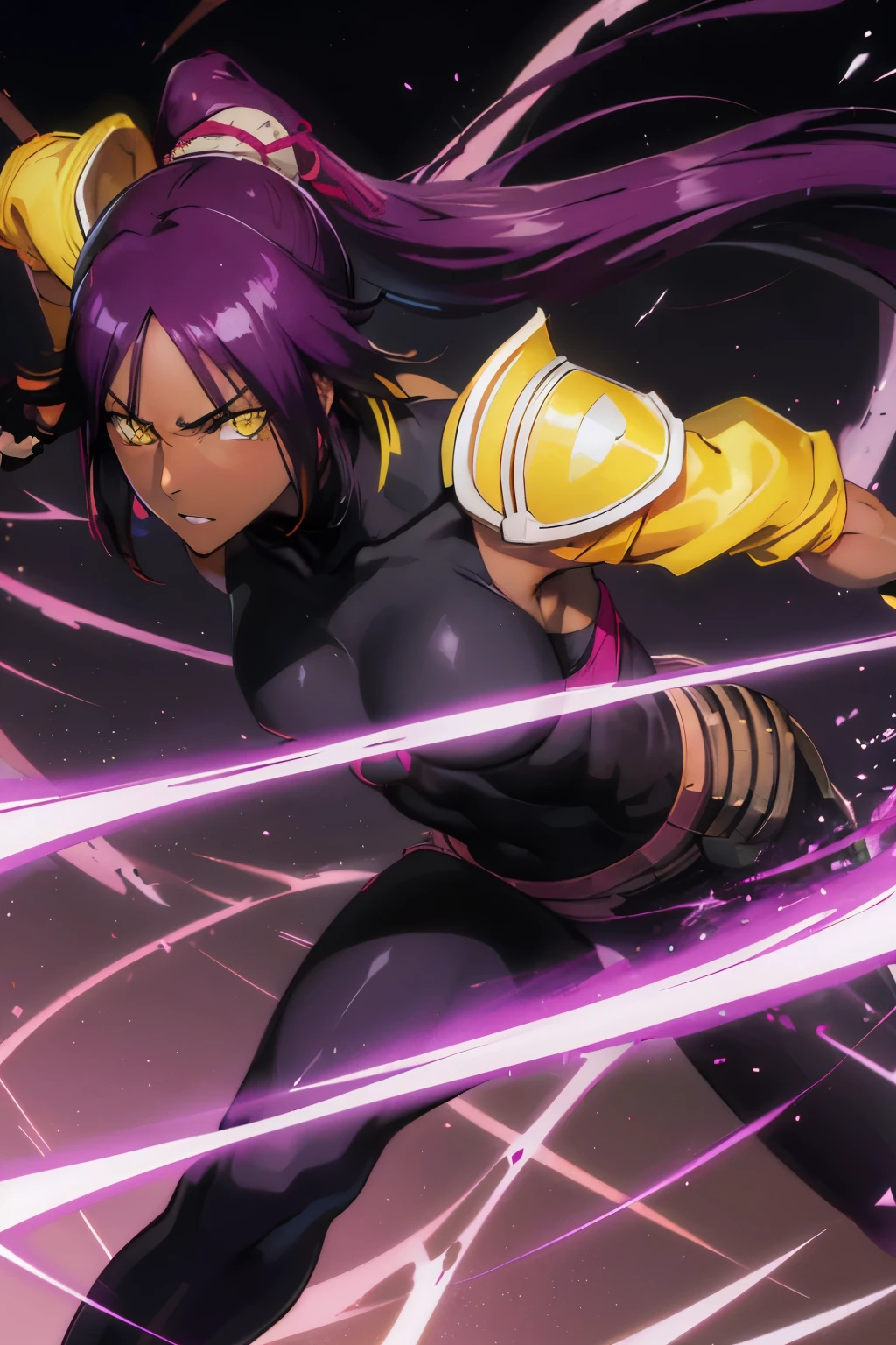 yoruichi shihouin, long hair, (yellow eyes:1.5), ponytail, purple hair, dark skin, dark-skinned female, bodysuit, black bodysuit, bare arms, bare shoulders
