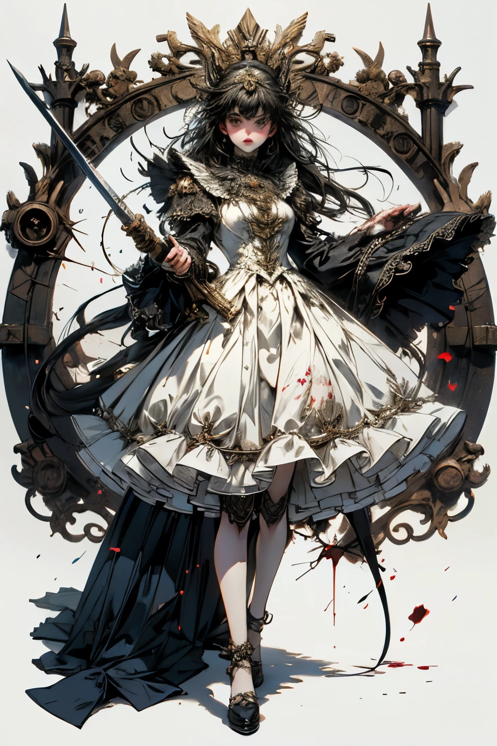 ((best quality)), ((masterpiece)), (detailed), blank white background, plain background, white background, red and white clothing, Bloodborne inspired,  occult aesthetic, occult, detailed and intricate steampunk and detailed gothic, NSFW, Very dramatic and cinematic lighting, cosmic horror, grim-dark, side-lighting, perfect face, NSFW, Fluttering lace flared long knee length dress with frilly petticoats, knee length dress, pleated petticoats, lolita dress, petticoats gothic lolita, complex lace boots, wielding a sword and holding a shield, side-lighting, gothic lolita aesthetic, NSFW, beautiful small breasts, small breasts, full body, whole body, body, plain background, white background, blank background, no background, white background NSFW, full body, whole body, head-to-toe
