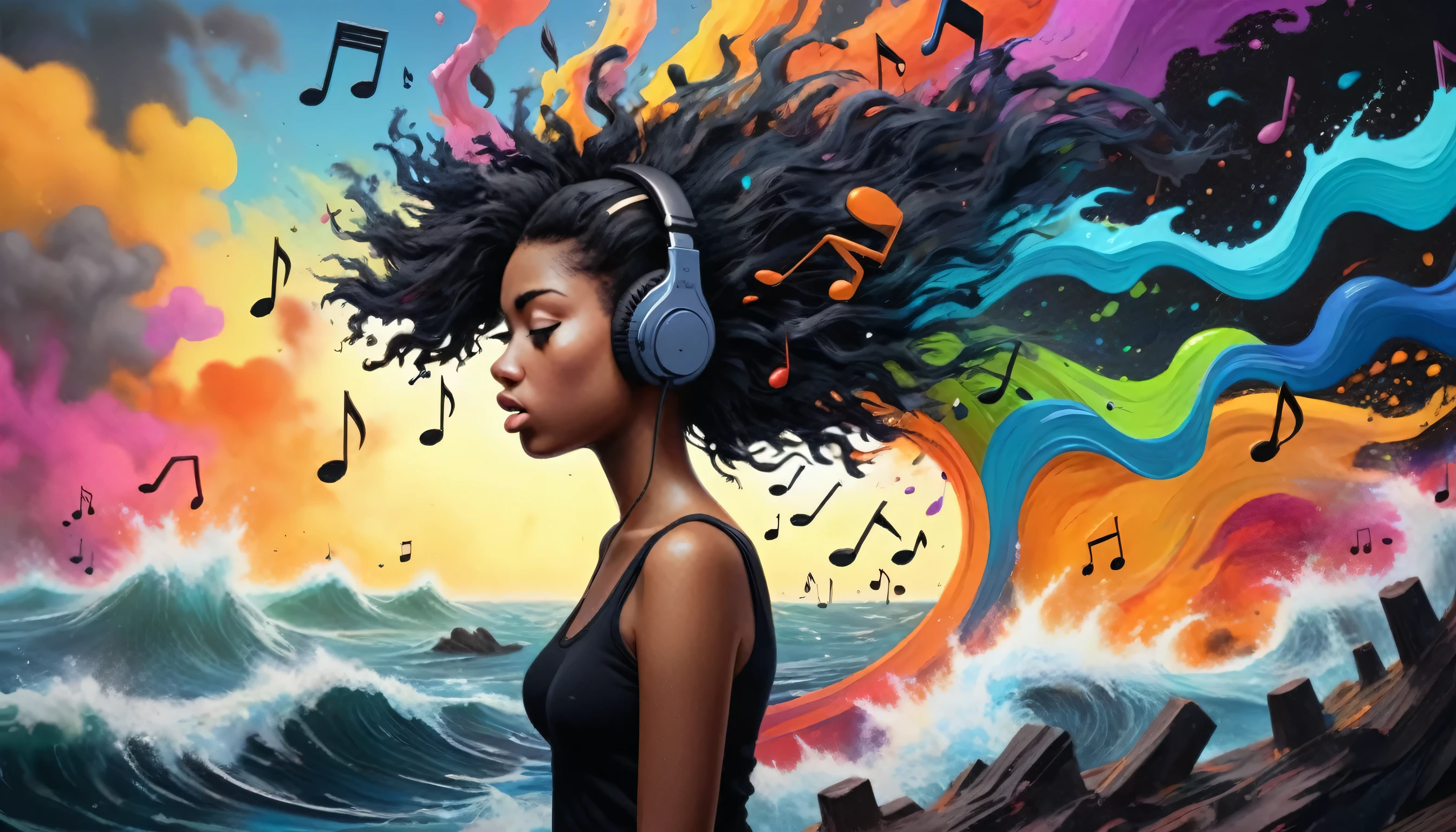 black music notes. girl listening to music,earphones,black musical notes,sounds,waves,abstract surrealism,[ink splash:0.4],explosion of colors,hair fading into background colors,gorgeous hyperrealism,attractive,cartoon,a detailed matte painting by Nathan Coley,[:anime line art:0.2],Sound themed,epic splash art,hudson river school,surrealism,(exceptional, best aesthetic, new, newest, best quality, masterpiece:1.2),, glow effects, godrays, Hand drawn, render, 8k, octane render, cinema 4d, blender, dark, atmospheric 4k ultra detailed, cinematic, Sharp focus, big depth of field, Masterpiece, colors, 3d octane render, 4k, concept art, trending on artstation, hyperrealistic, Vivid colors, extremely detailed CG unity 8k wallpaper, trending on CGSociety, Intricate, High Detail, dramatic
