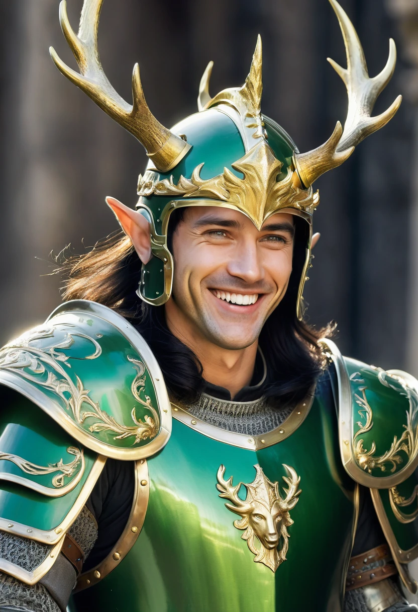 A powerful man, 30 years, tall, lean and lithe, handsome clean-shaven face, easy smile, thick black hair that falls to his shoulders, laughing green eyes, wears enameled green armor, in his hand he holds a medieval helmet adorned with a pair of golden antlers