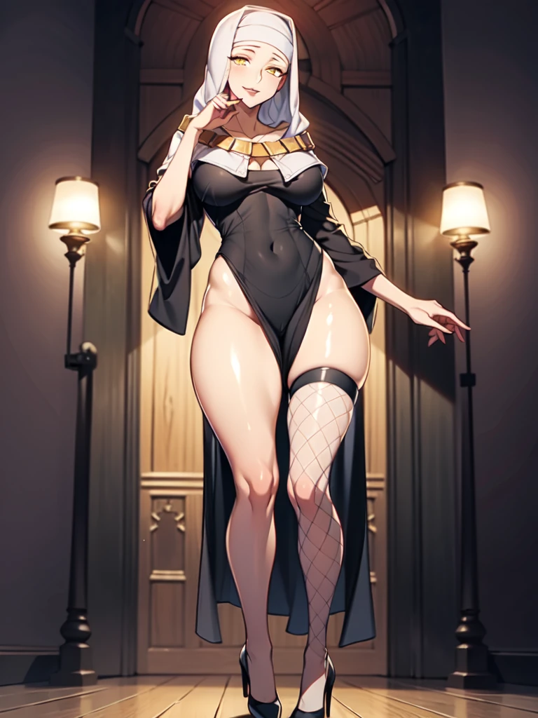nsfw, (masterpiece:1.2), aesthetic, best quality, high resolution, unity 8k wallpaper, (illustration), extremely detailed face, perfect lighting, extremely detailed CG, (beautiful detailed eyes:1.2), 1girl, solo, KIARA, nun, habit, golden eyes, beautiful nose, beautiful nostrils, dark red lipstick, black dress, standing, slender, curvy, Neck, collarbone, cleavage, saggy huge breasts, full body shot, church, Thigh slits, Fishnet tights, crimson stiletto heels, looking at viewer, mature woman, pervert smile, Giggling creepily, Dutch angle, from below, perfect anatomy, ideal facial features, ideally proportioned figure, perfectly beautiful body, honey-colored glistening skin, super detailed skin, glossy skin, incredibly absurd res, absolutely resolution, ultra high res,