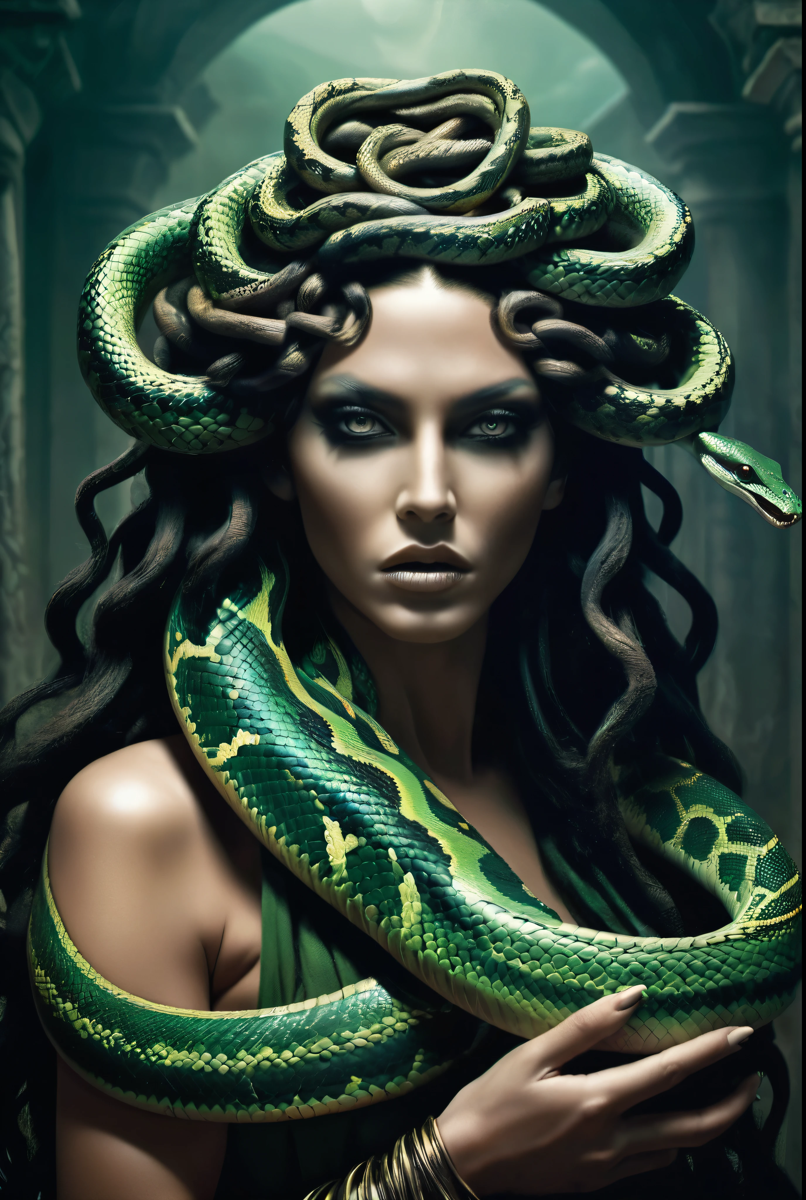 Dark Fantasy Art of  Medusa a woman with snake dreads holding a snake In Greek mythology, Medusa, also called Gorgo,  a human female with living venomous snakes in place of hair, dark, moody, dark fantasy style