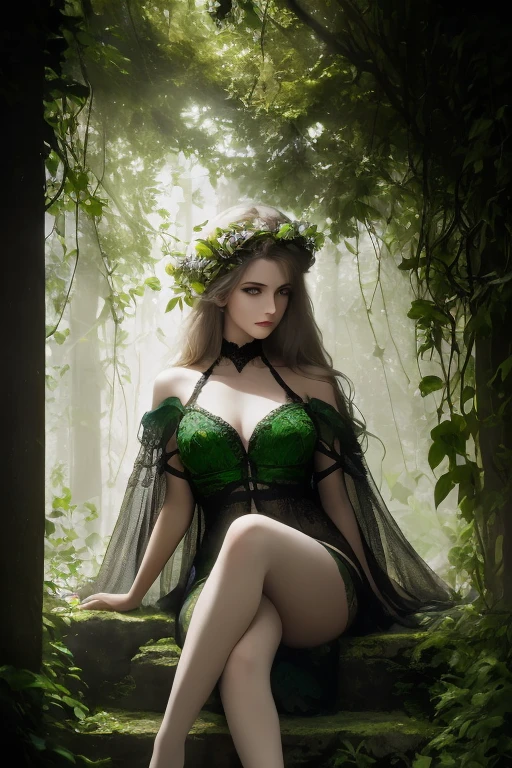 artistry in the style body painting, (masterpiece:1.3), (perfect art:1.3), by Greg Rutkowski, portrait of a lovesome woman, elegant,delightful taut abdomen, nurturing breasts, alluring silhouette ass, thrilling lips, dramatic noir makeup, ancient runes with green-gray eyes, bangs hair, her dressed in the lace panel garter belt and sheer thigh highs set, sitting on a staircase with legs dangling,, in the background an ancient temple buried deep within a jungle, fill light used to balance and fill in the shadows created by the key light on the subject, subtle magical currents flowing unseen through the cosmos style, (dimensional overlaps:1.3), by Eric Carle, image should be informative details, 8k resolution, elaborate intricacies, matte painting render, best of Instagram
