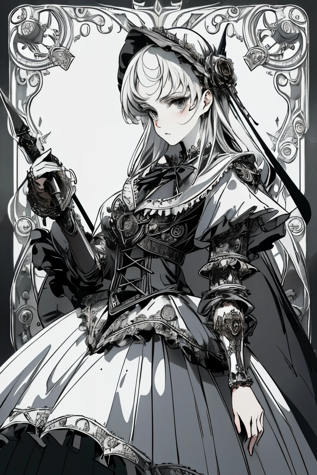 ((best quality)), ((masterpiece)), (detailed), perfect face ((best quality)), ((masterpiece)), (detailed), blank white background, plain background, white background, Bloodborne inspired, occult aesthetic, occult, detailed and intricate steampunk and detailed gothic, (zentangle, mandala, tangle, entangle), NSFW, torn clothing, Very dramatic and cinematic lighting, cosmic horror, grim-dark, side-lighting, perfect face, a beautiful goddess adorned and enshrined in armour, Bloodborne inspired , occult aesthetic , occult , detailed and intricate steampunk and detailed gothic , wielding a sword and holding a shield, NSFW, Fluttering lace flared long knee length dress with frilly petticoats, knee length dress, pleated petticoats, ta dress, petticoats gothic loliside-lighting, gothic lolita aetic, beautiful small breasts, small breasts, full body, whole body, body, plain background, white background, blank background, no background, white background NSFW, full body, whole body, head-to-toe