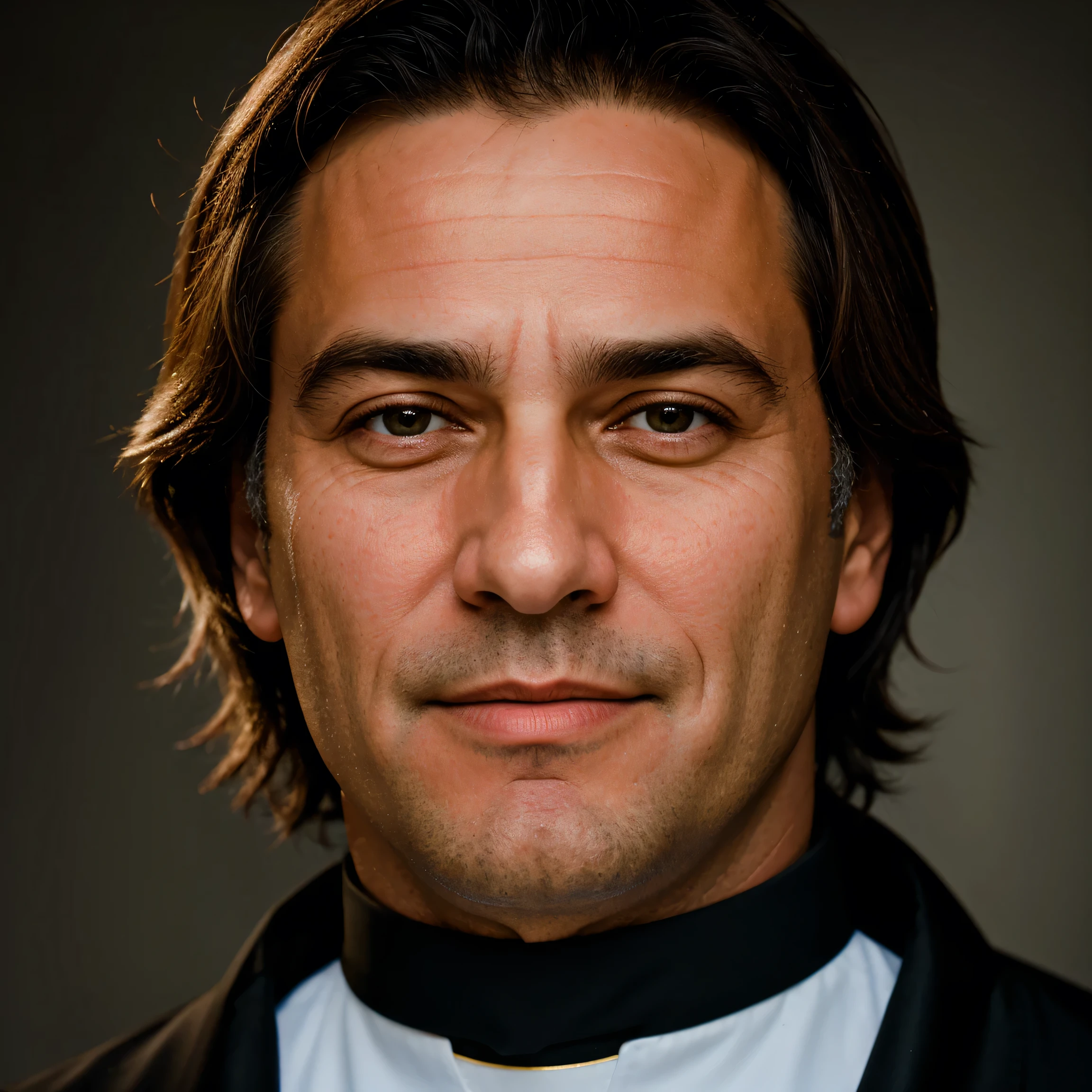 Create photo portrait of a very religious handsome and friendly middle-aged priest.