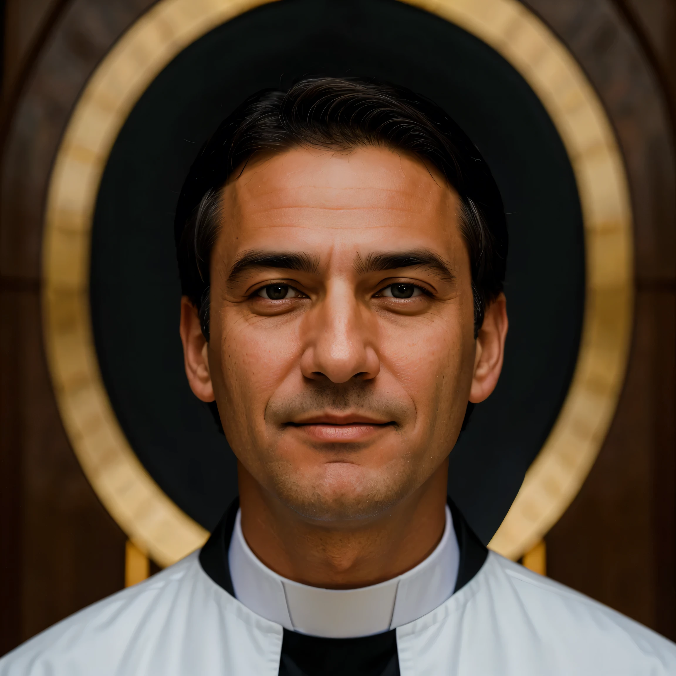 Create photo portrait of a very religious handsome and friendly middle-aged priest.