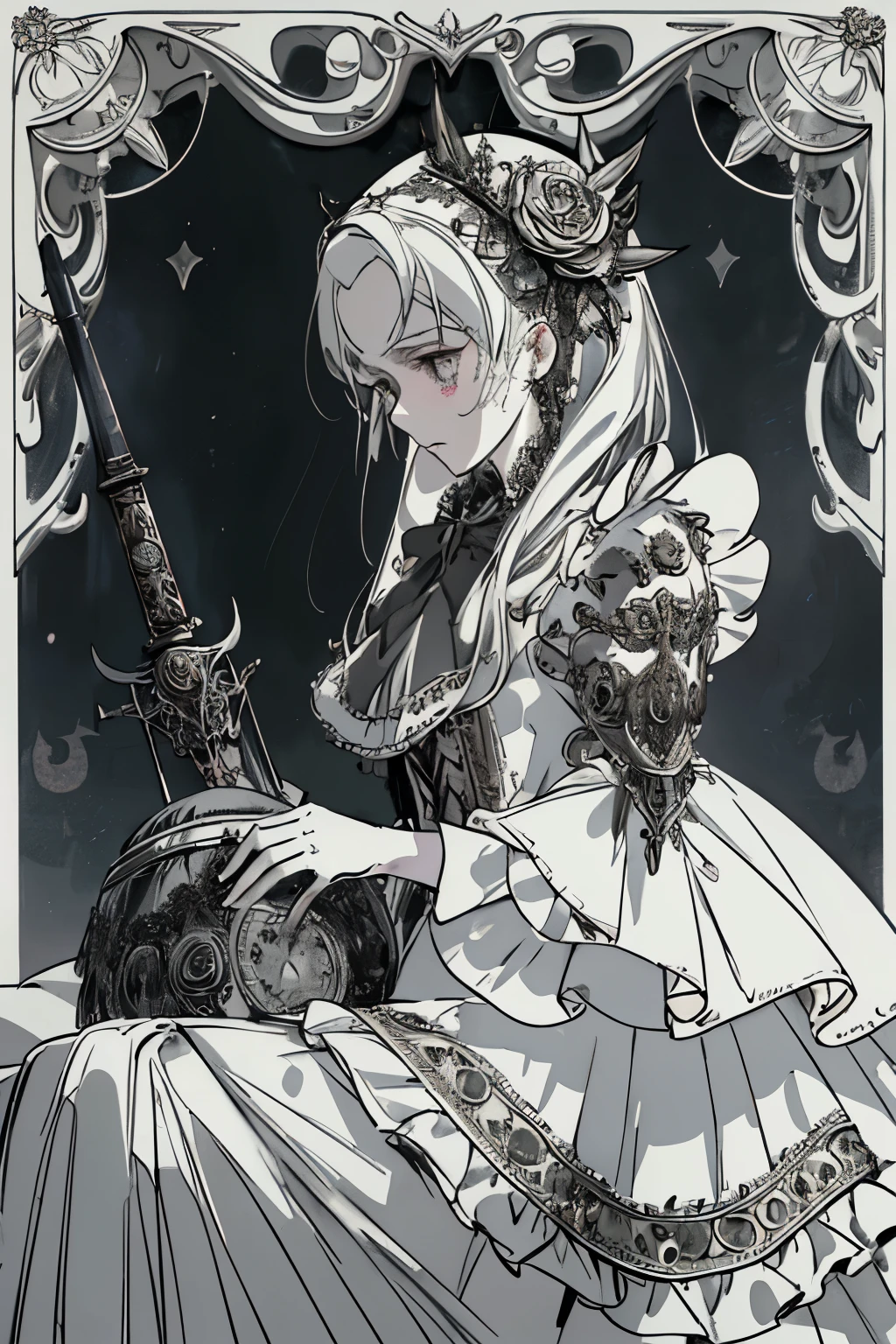 ((best quality)), ((masterpiece)), (detailed), perfect face ((best quality)), ((masterpiece)), (detailed), blank white background, plain background, white background, Bloodborne inspired, occult aesthetic, occult, detailed and intricate steampunk and detailed gothic, (zentangle, mandala, tangle, entangle), NSFW, torn clothing, Very dramatic and cinematic lighting, cosmic horror, grim-dark, side-lighting, perfect face, a beautiful goddess adorned and enshrined in armour, Bloodborne inspired , occult aesthetic , occult , detailed and intricate steampunk and detailed gothic , wielding a sword and holding a shield, NSFW, Fluttering lace flared long knee length dress with frilly petticoats, knee length dress, pleated petticoats, lolita dress, petticoats gothic lolita, side-lighting, gothic lolita aesthetic, beautiful small breasts, small breasts, full body, whole body, body, plain background, white background, blank background, no background, white background NSFW, full body, whole body, head-to-toe