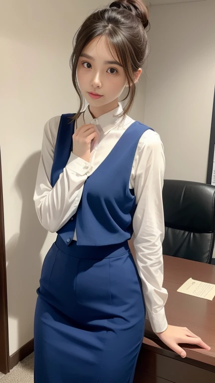 Medium Hair、Waving Hair、Full body photo、Age 25、Intelligent married woman、Beautifully detailed hair、Beautiful and detailed brown eyes、Tightly tied ponytail、beautiful flat chest、Beautiful, clear skin、Medium chest、Office worker uniform、A crew neck cut and sew shirt with a plain blue vest、Woman's wedding ring on the ring finger of her left hand、青色の膝下丈くらいのOffice worker uniformのペンシルスカート、Embarrassed face,surprise,I'm happy and embarrassed