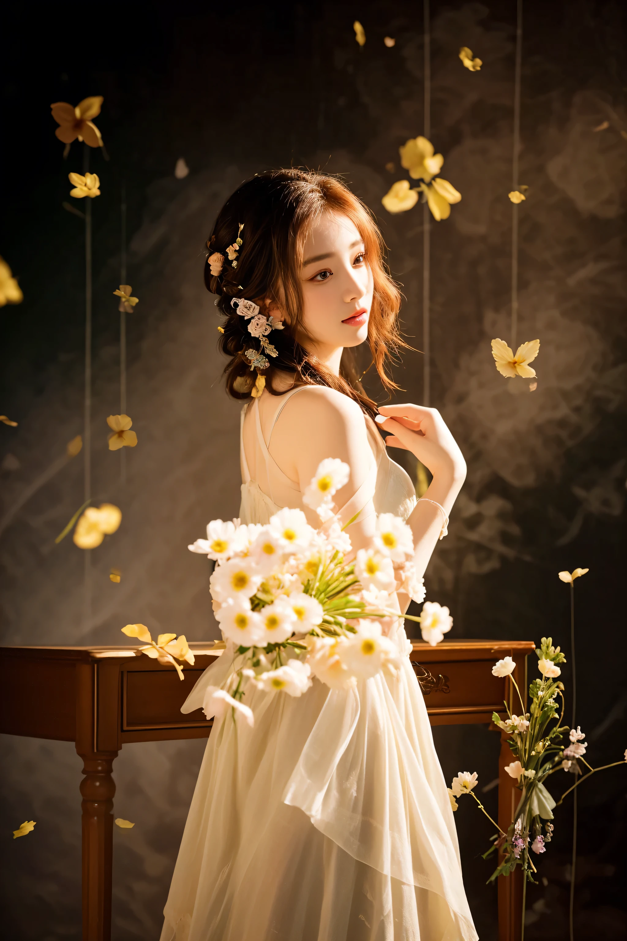 there is a woman in a dress holding a bouquet of flowers, a stunning young ethereal figure, portrait shot, with flowers, ethereal beauty, romanticism portrait, fantasy photography, photo taken with nikon d 7 5 0, photo taken with nikon d750, fine art fashion photography, by Tang Sin Yun Sandara, korean artist, 8k artistic portrait photography