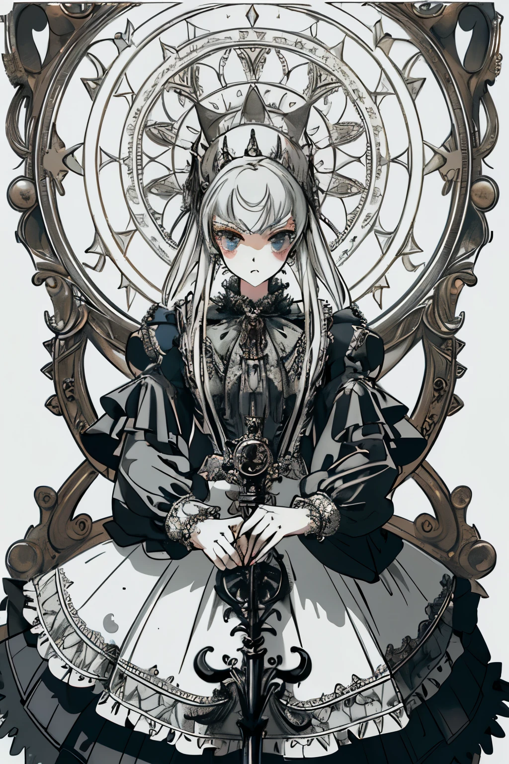 ((best quality)), ((masterpiece)), (detailed), perfect face ((best quality)), ((masterpiece)), (detailed), blank white background, plain background, white background, Bloodborne inspired,  occult aesthetic, occult, detailed and intricate steampunk and detailed gothic, (zentangle, mandala, tangle, entangle),  NSFW, torn clothing, Very dramatic and cinematic lighting, cosmic horror, grim-dark, side-lighting, perfect face, a beautiful goddess adorned and enshrined in armour, Bloodborne inspired , occult aesthetic , occult , detailed and intricate steampunk and detailed gothic , wielding a sword and holding a shield, NSFW, Fluttering lace flared long knee length dress with frilly petticoats, knee length dress, pleated petticoats, lolita dress, petticoats gothic lolita, side-lighting, gothic lolita aesthetic, beautiful small breasts, small breasts, full body, whole body, body, plain background, white background, blank background, no background, white background NSFW, full body, whole body, head-to-toe