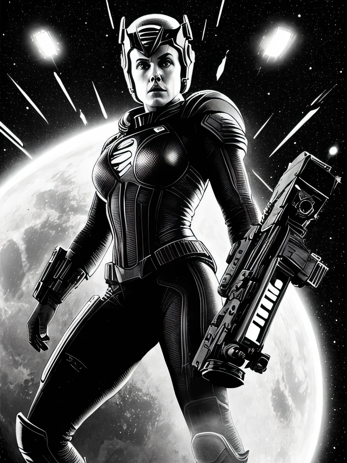 giant alien monster on the planet inside the spaceship Sigourney Weaver she using a huge gun to kill alien,explosion,ela pilotando nave espacial Bela arte de linha, black and white comic style, manga art style, pencil and ink caricature drawing, black and white coloring,arte vector preto e branco no painel de quadrinhos, linear illustration , foco de olhos afiados , athletic body, sozinho, ((mulher em armadura espacial )), (((Olhos detalhados ultra realistas))), detalhes intrincados dos olhos, Sorriso fofo, suado , modelo fotografar pose, textura ultra-pele, ((detalhes ultra-pele)), skin imperfections, detalhes intrincados, ( in dark sci-fi spaceship ), Messy Short Hair,