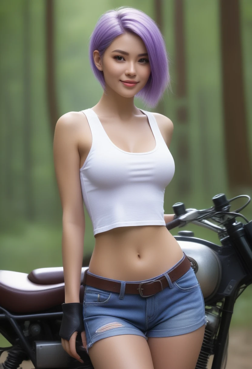 ((((masterpiece)))), expensive quality, very_expensive_license, big_file size, Full Color, Steampunk inspired by a futuristic planet,, In the distant forest, Noise々New foreign market, Off-road bikes. The main character is a girl with a beautiful upper body., 1 person, For blonde hair、Purple-green and purple long bob, Silver Smile., Mechanized weapons. Wearing a white tank top, Denim shorts with scratches and slits on her gorgeous hips, Engineer Glamour Boots, Off-road bikesに乗る. beauty, Raw raw files. The most detailed face, Imperfect skin, The super-shapely figure of Cosmopolitan's glamorous fitness model, Belly button, Erect nipples, Detailed lips, Detailed dark green eyes