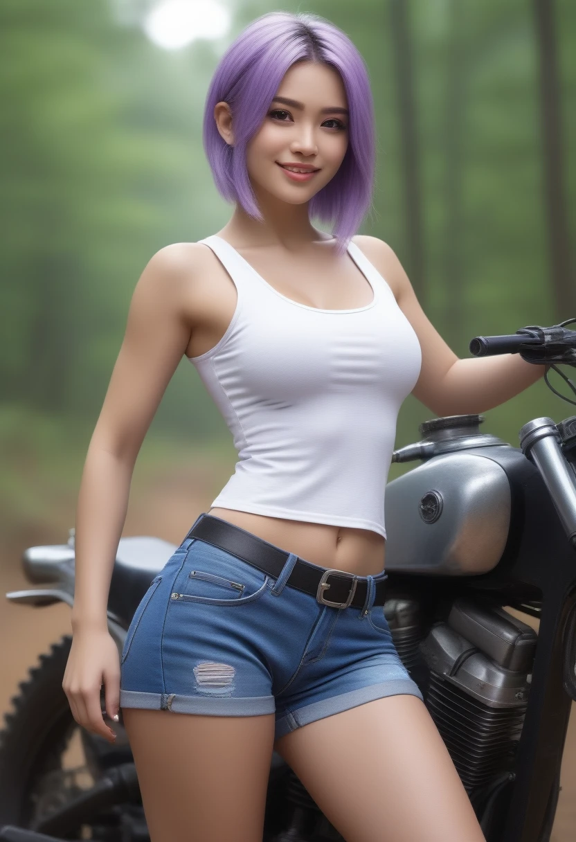 ((((masterpiece)))), expensive quality, very_expensive_license, big_file size, Full Color, Steampunk inspired by a futuristic planet,, In the distant forest, Noise々New foreign market, Off-road bikes. The main character is a girl with a beautiful upper body., 1 person, For blonde hair、Purple-green and purple long bob, Silver Smile., Mechanized weapons. Wearing a white tank top, Denim shorts with scratches and slits on her gorgeous hips, Engineer Glamour Boots, Off-road bikesに乗る. beauty, Raw raw files. The most detailed face, Imperfect skin, The super-shapely figure of Cosmopolitan's glamorous fitness model, Belly button, Erect nipples, Detailed lips, Detailed dark green eyes
