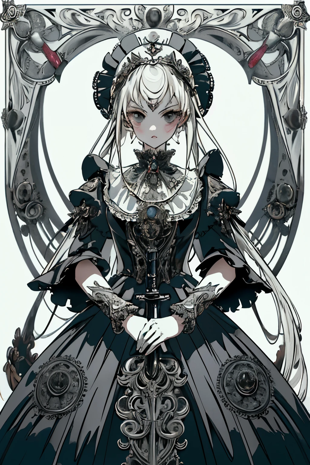 ((best quality)), ((masterpiece)), (detailed), perfect face ((best quality)), ((masterpiece)), (detailed), blank white background, plain background, white background, Bloodborne inspired,  occult aesthetic, occult, detailed and intricate steampunk and detailed gothic, (zentangle, mandala, tangle, entangle),  NSFW, torn clothing, Very dramatic and cinematic lighting, cosmic horror, grim-dark, side-lighting, perfect face, a beautiful goddess adorned and enshrined in armour, Bloodborne inspired , occult aesthetic , occult , detailed and intricate steampunk and detailed gothic , wielding a sword and holding a shield, NSFW, Fluttering lace flared long knee length dress with frilly petticoats, knee length dress, pleated petticoats, ****ta dress, petticoats gothic ****ta, side-lighting, gothic ****ta aesthetic, beautiful small breasts, small breasts, full body, whole body, body, plain background, white background, blank background, no background, white background NSFW, full body, whole body, head-to-toe