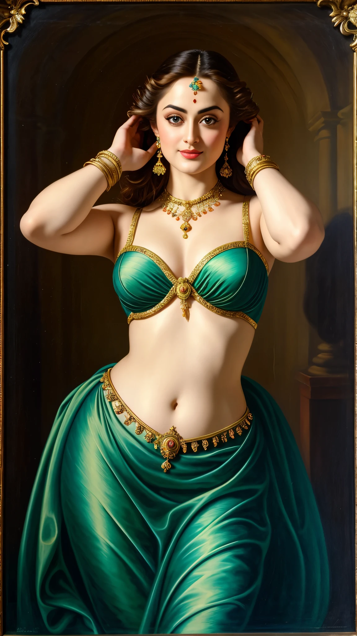 O retrato de Jennifer Lopez, Beautiful, in an oil painting on canvas in the style of Romanticism. --self