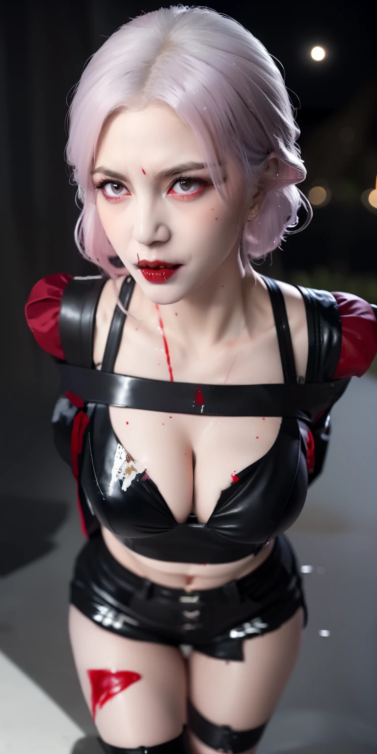 realistic, 1girl, (vampire girl:1.4), white hair, (red eyes), glowing eyes, slit pupils, (blood, blood splatter), crop top, cleavage, short shorts, collarbone, parted lips, fangs, makeup, blush, night, reflection, full moon, moonlight, rose, castle, shadow, darkness, bat \(animal\),, rope