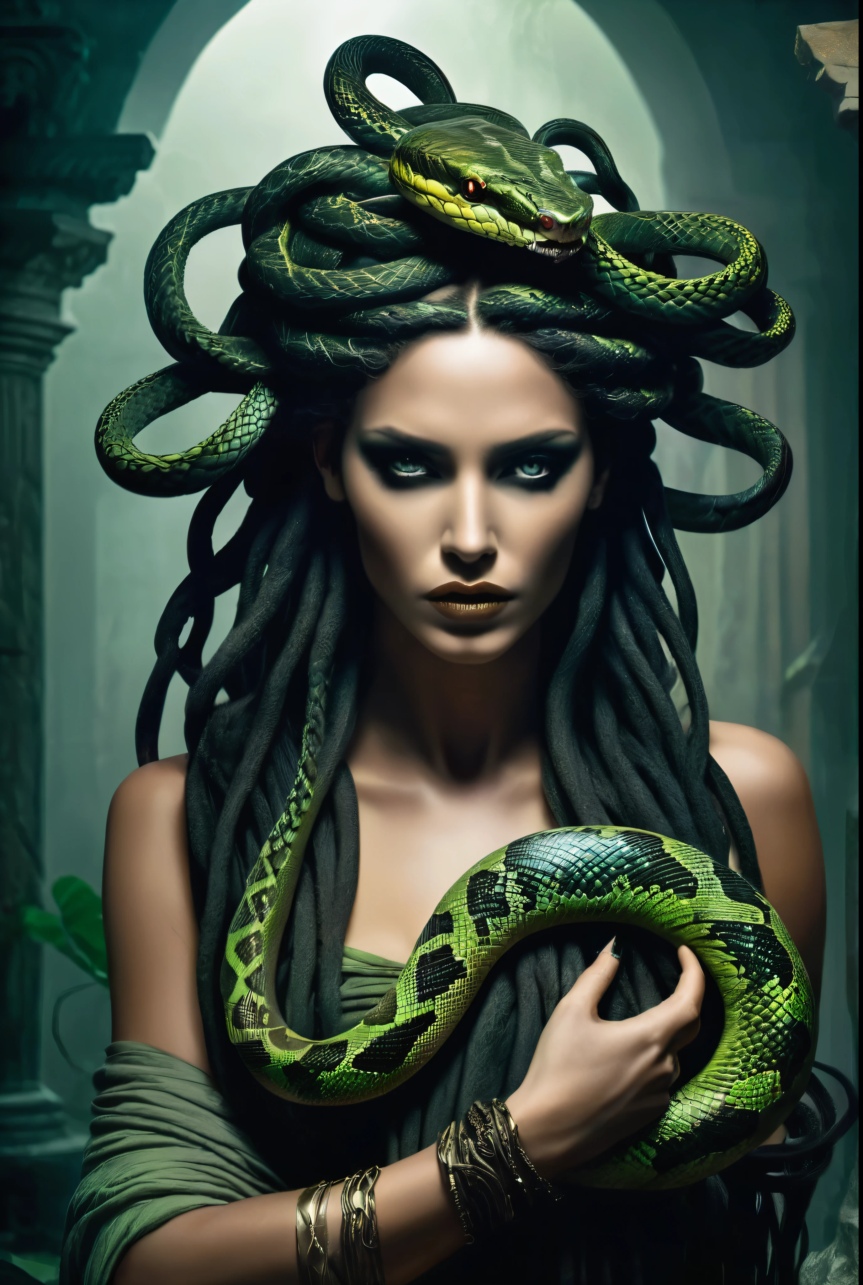 Dark Fantasy Art of  Medusa a woman with snake dreads holding a snake In Greek mythology, Medusa, also called Gorgo,  a human female with living venomous snakes in place of hair, dark, moody, dark fantasy style