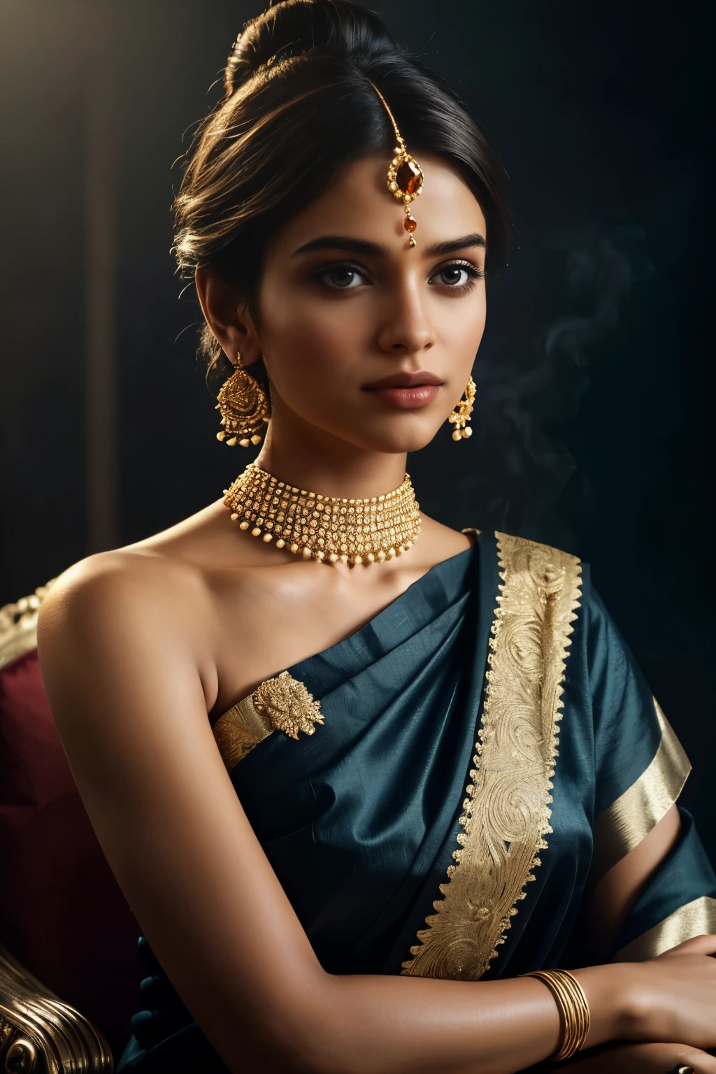 In this photograph, an Indian Instagram female model in her mid-20s takes center stage. (highly detailed face:1.4) (smile:0.7) (background 5-star hotel, moody, private study:1.0V, by Lee Jeffries, Nikon D850, film stock photograph, 4 Kodak Portra 400, camera f1.6 lens, rich colors, hyper-realistic, lifelike texture, dramatic lighting, Cinestill 800, realistic). She is wearing a traditional black saree that exudes elegance and sophistication. The saree features a vibrant and intricate design with rich colors and detailed patterns, draped gracefully around her. The blouse is short-sleeved with intricate embroidery and beadwork, complementing the saree’s luxurious fabric. Completing her look, she adorns herself with traditional jewelry, including bangles, earrings, and a necklace. The model's hair is styled in a classic bun with jasmine flowers. The photograph is meticulously captured in 8K resolution using cutting-edge techniques such as Cinema 4D and Octane Render, resulting in a highly detailed and photorealistic image. Studio lighting, HDR, and a smoky mist create a captivating ambiance, while the bokeh effect adds an artistic touch.
