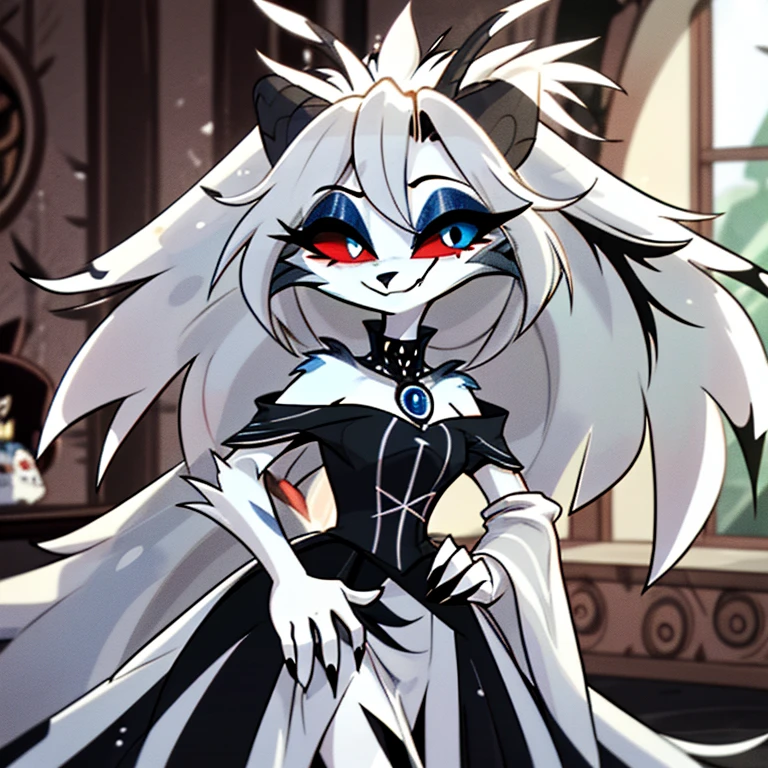 En el solitario universo de helluva BOSS.... Una loba de color blanca, estilo macabro,,, inspirado en lucifer, con alas angelicales, un vestido blanco y dorad, con sus ojitos azules y pupila blanca,(sonriendo), estando parada en un palacio sola