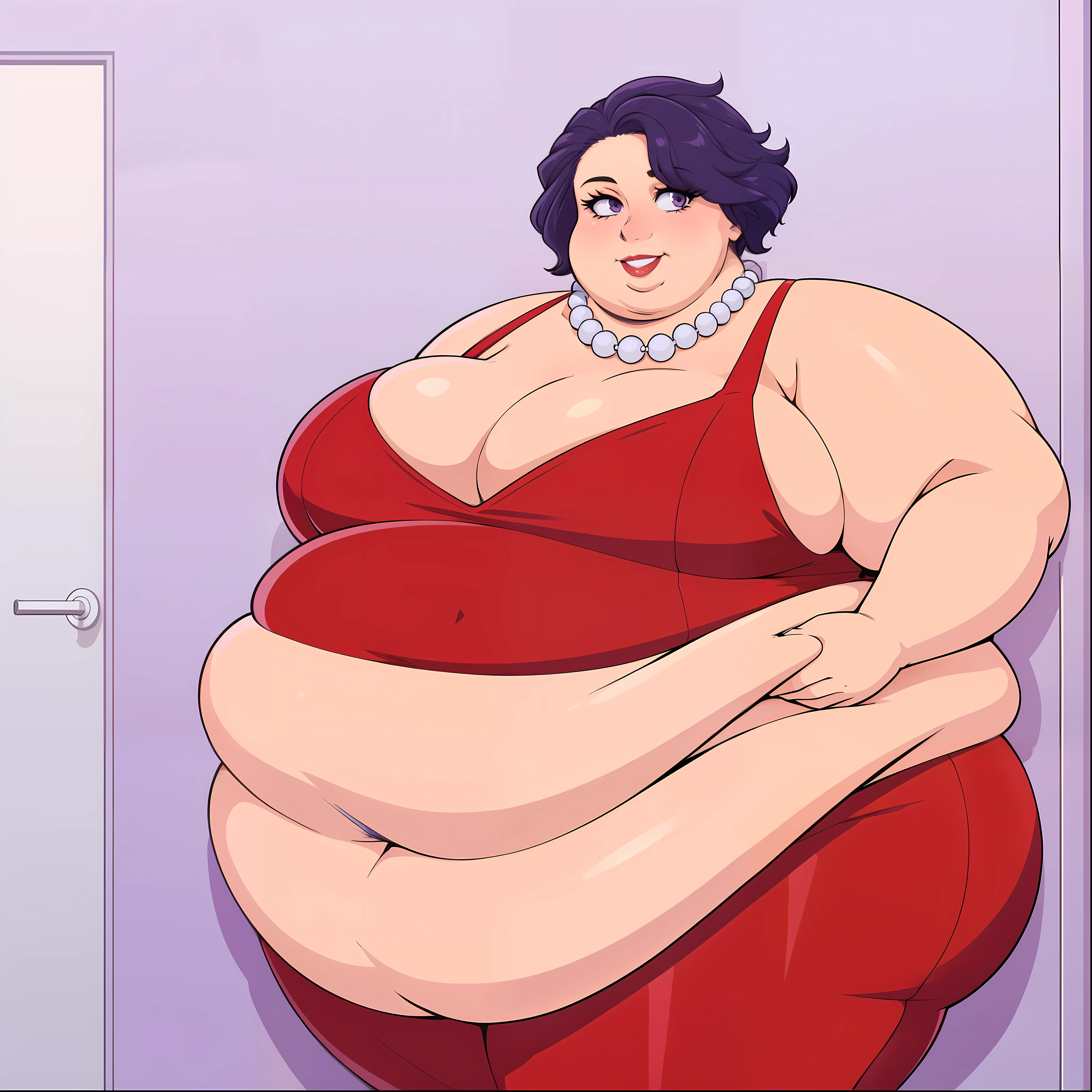 (Obese:1.3)Middle aged, mommy, hands on hips, casual pose, smiling, Full body, bedroom, looking at viewer, Short bob haircut, Windswept Messy Bob purple Hair, eyeliner, (red dress), (red lipstick), (light blue pearl necklace), cleavage, milf, mature, (purple eyes) Round face, double chin, fat chin, fat cheeks, fat neck, round face, SSBBW, flabby arms, round face, double chin, fat double chin, big double chin, fat neck, chubby cheeks, fat thighs, fat calves, morbidly obese, flabby boobs, giant boobs, large belly, obese, fat face, belly, double chin, obesity, flabby breasts, fat arms and legs, fat everything,